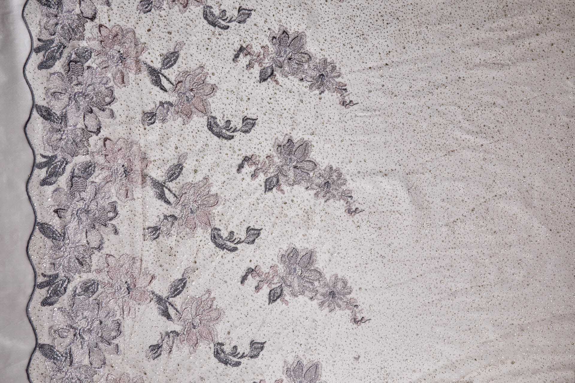Dainty Mauve Flowers Embroidered on Gold Glitter Illusion Tulle fabric, image 12 of 14