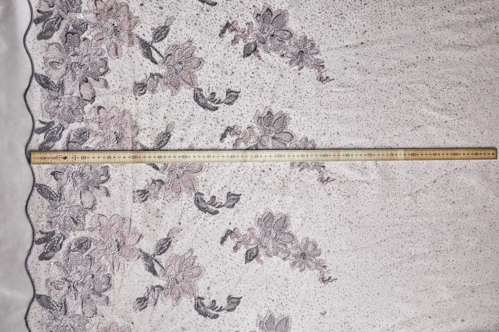 Dainty Mauve Flowers Embroidered on Gold Glitter Illusion Tulle fabric, image 13 of 14