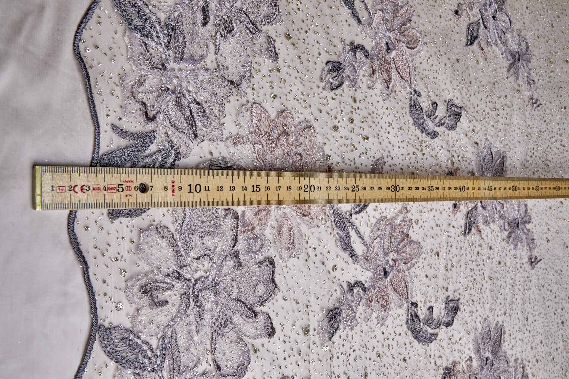 Dainty Mauve Flowers Embroidered on Gold Glitter Illusion Tulle fabric, image 3 of 14