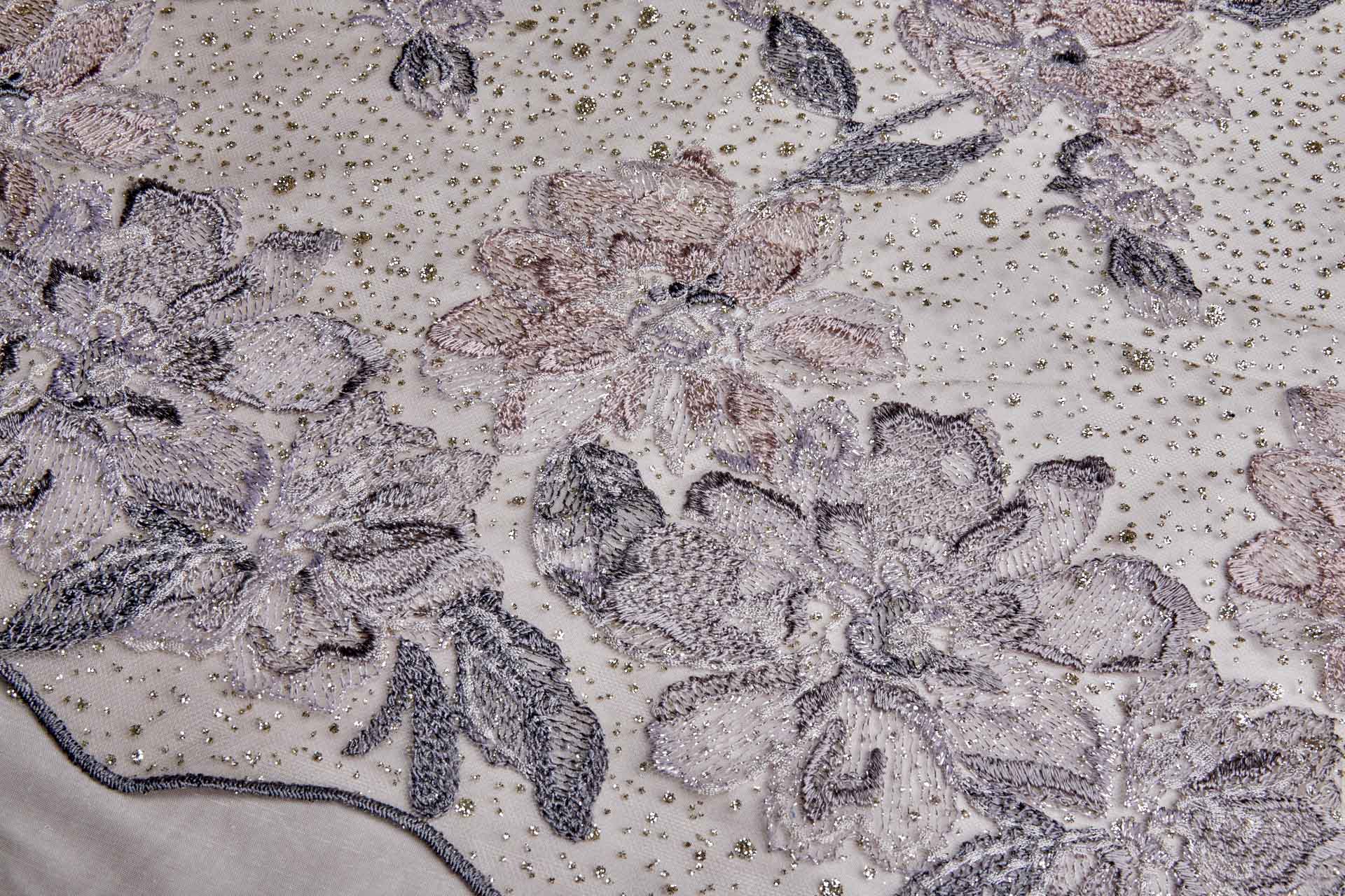 Dainty Mauve Flowers Embroidered on Gold Glitter Illusion Tulle fabric, image 4 of 14