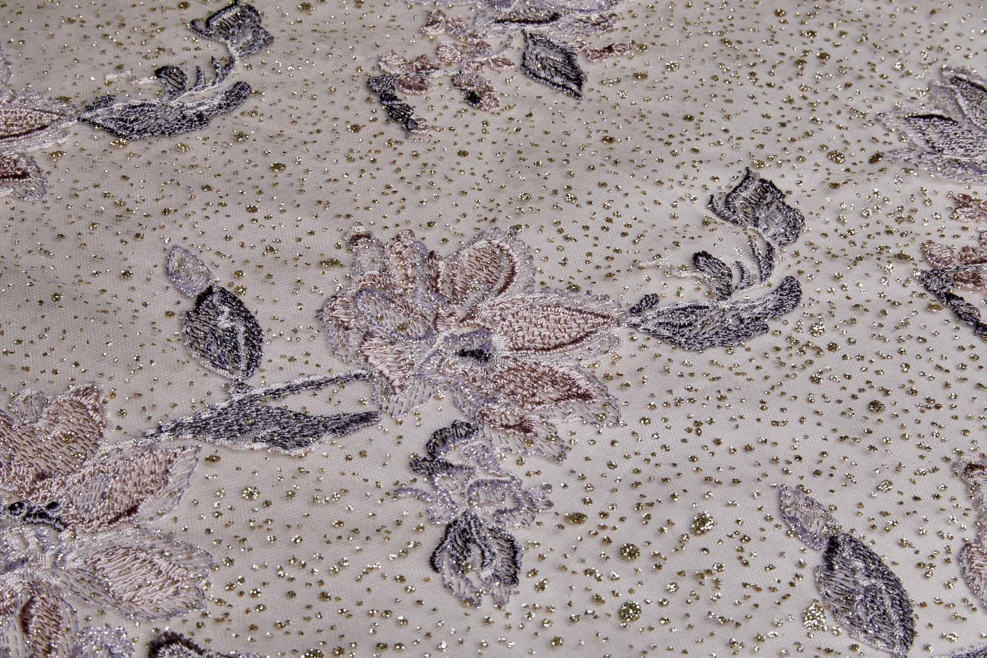 Dainty Mauve Flowers Embroidered on Gold Glitter Illusion Tulle fabric, image 5 of 14