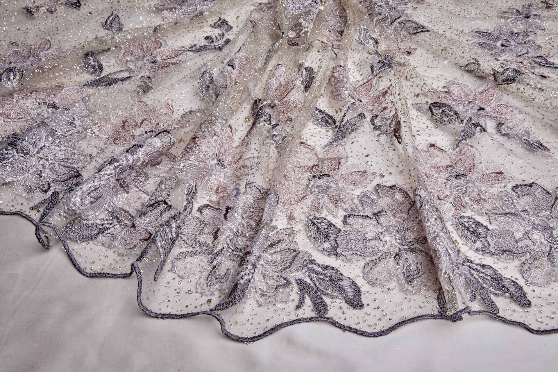 Dainty Mauve Flowers Embroidered on Gold Glitter Illusion Tulle fabric