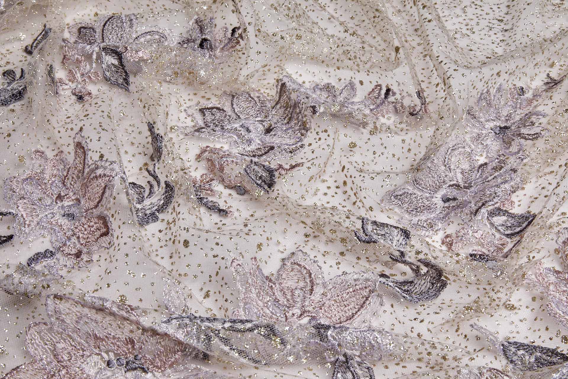 Dainty Mauve Flowers Embroidered on Gold Glitter Illusion Tulle fabric, image 7 of 14