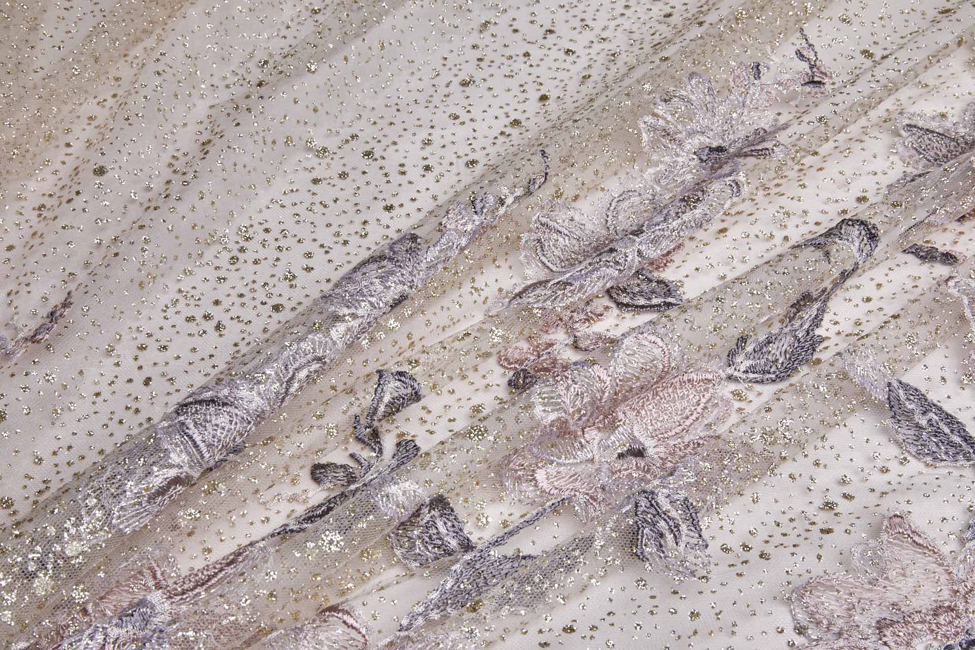 Dainty Mauve Flowers Embroidered on Gold Glitter Illusion Tulle fabric, image 8 of 14