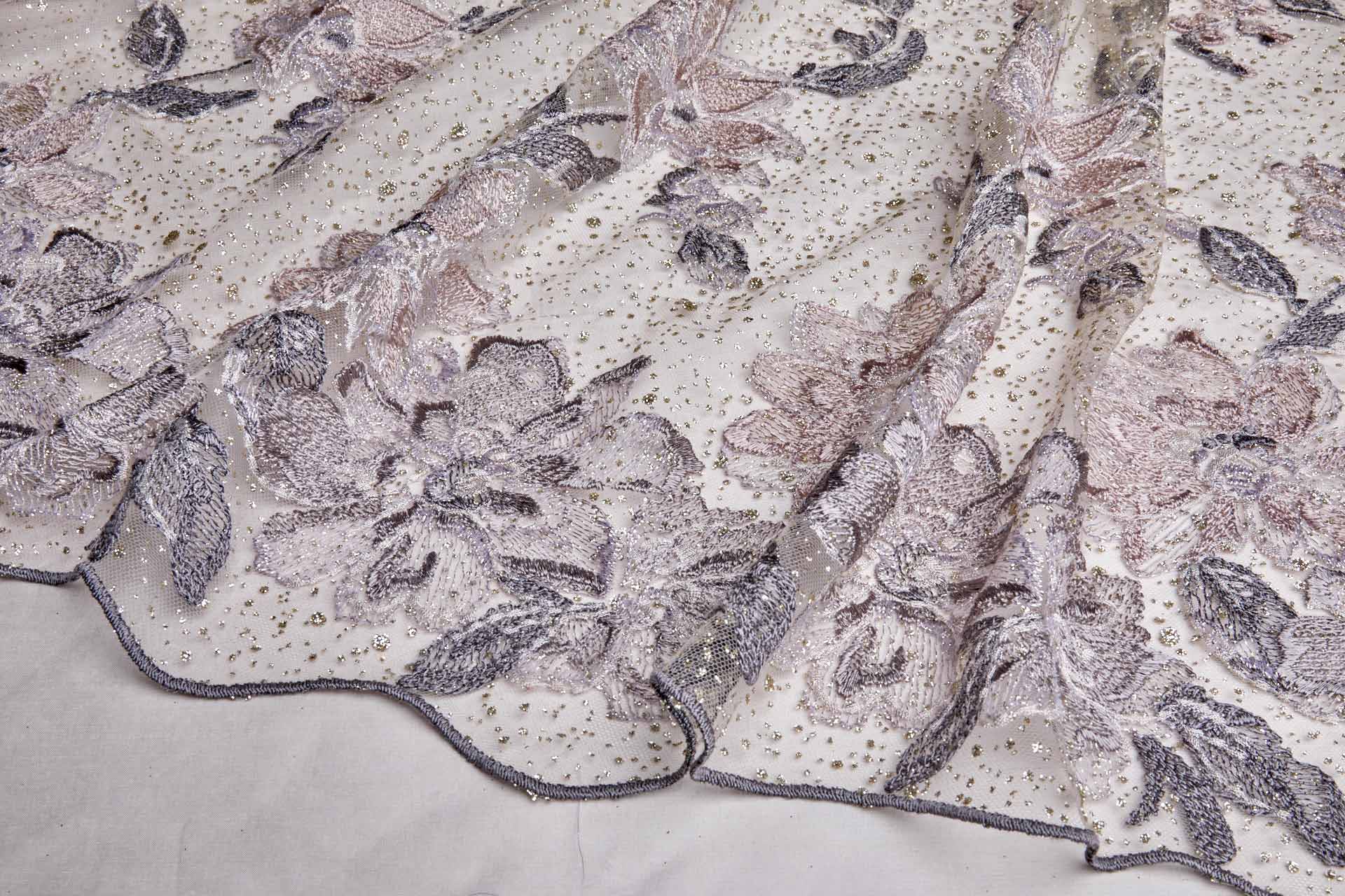Dainty Mauve Flowers Embroidered on Gold Glitter Illusion Tulle fabric, image 9 of 14