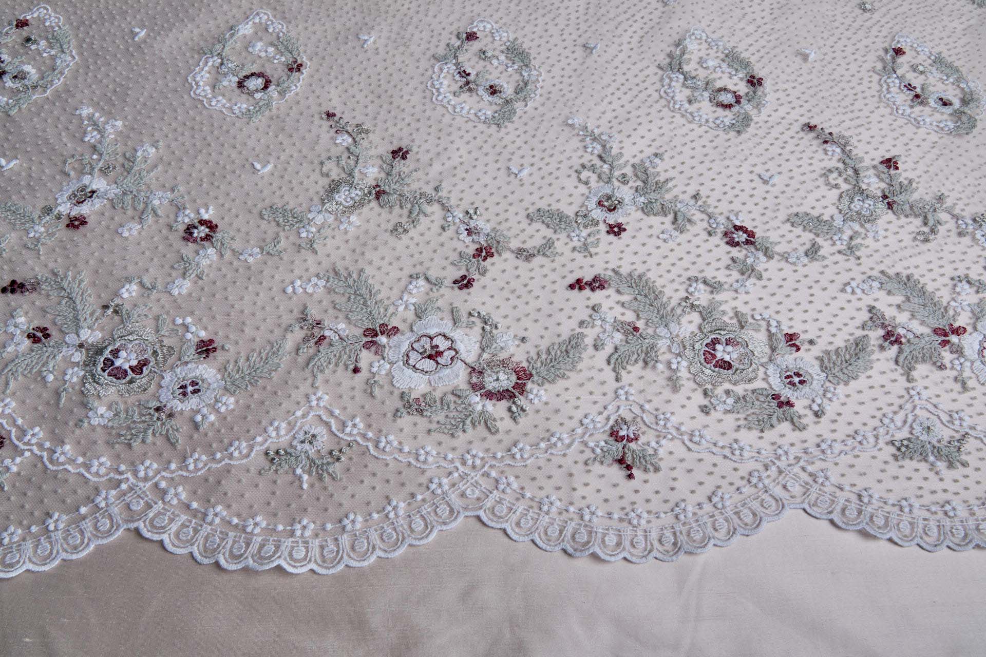 Small Embroidered Flowers on Grey Flock Spot Tulle - Ivory and Grey with Pink and Red fabric, image 8 of 8