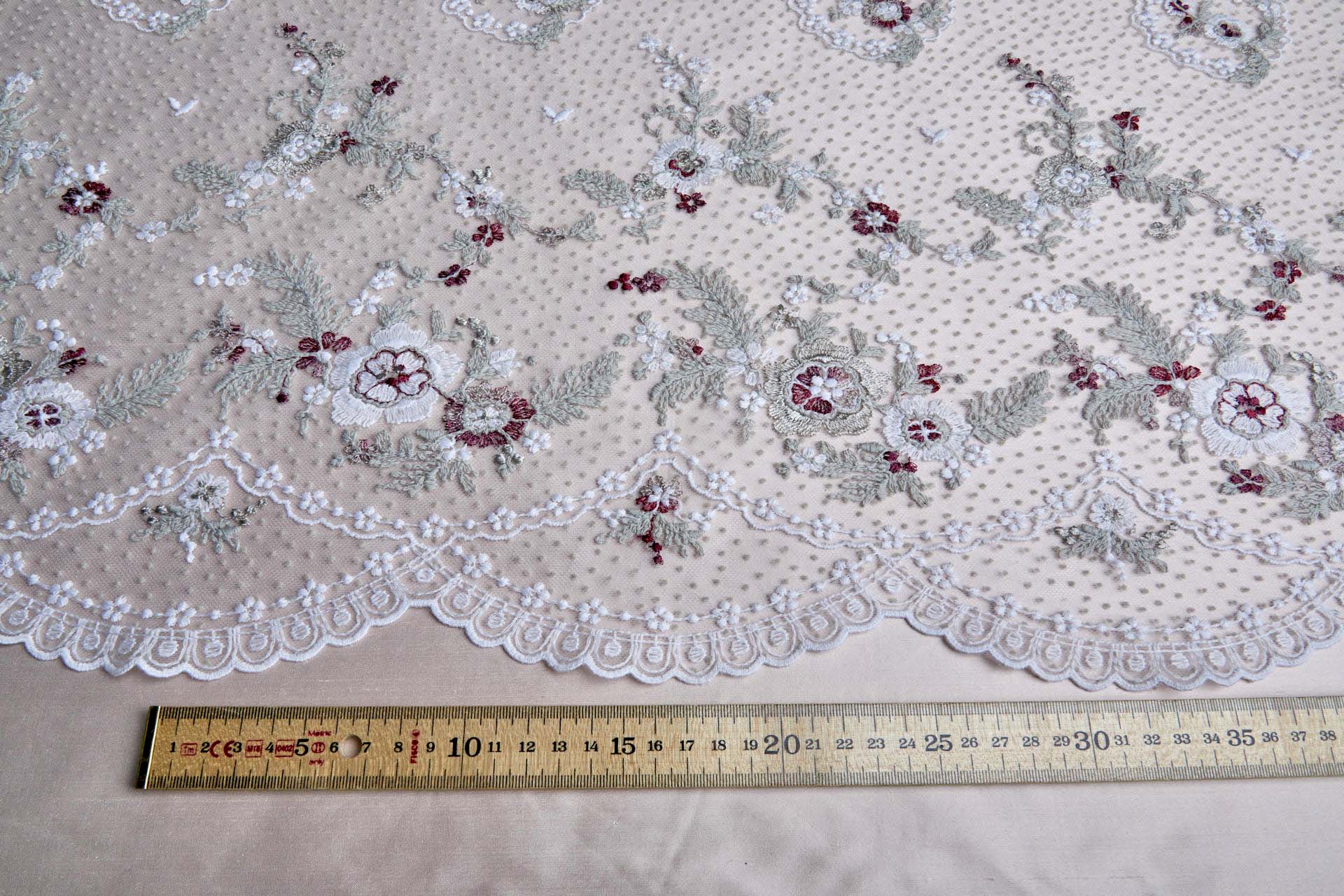 Small Embroidered Flowers on Grey Flock Spot Tulle - Ivory and Grey with Pink and Red fabric, image 3 of 8