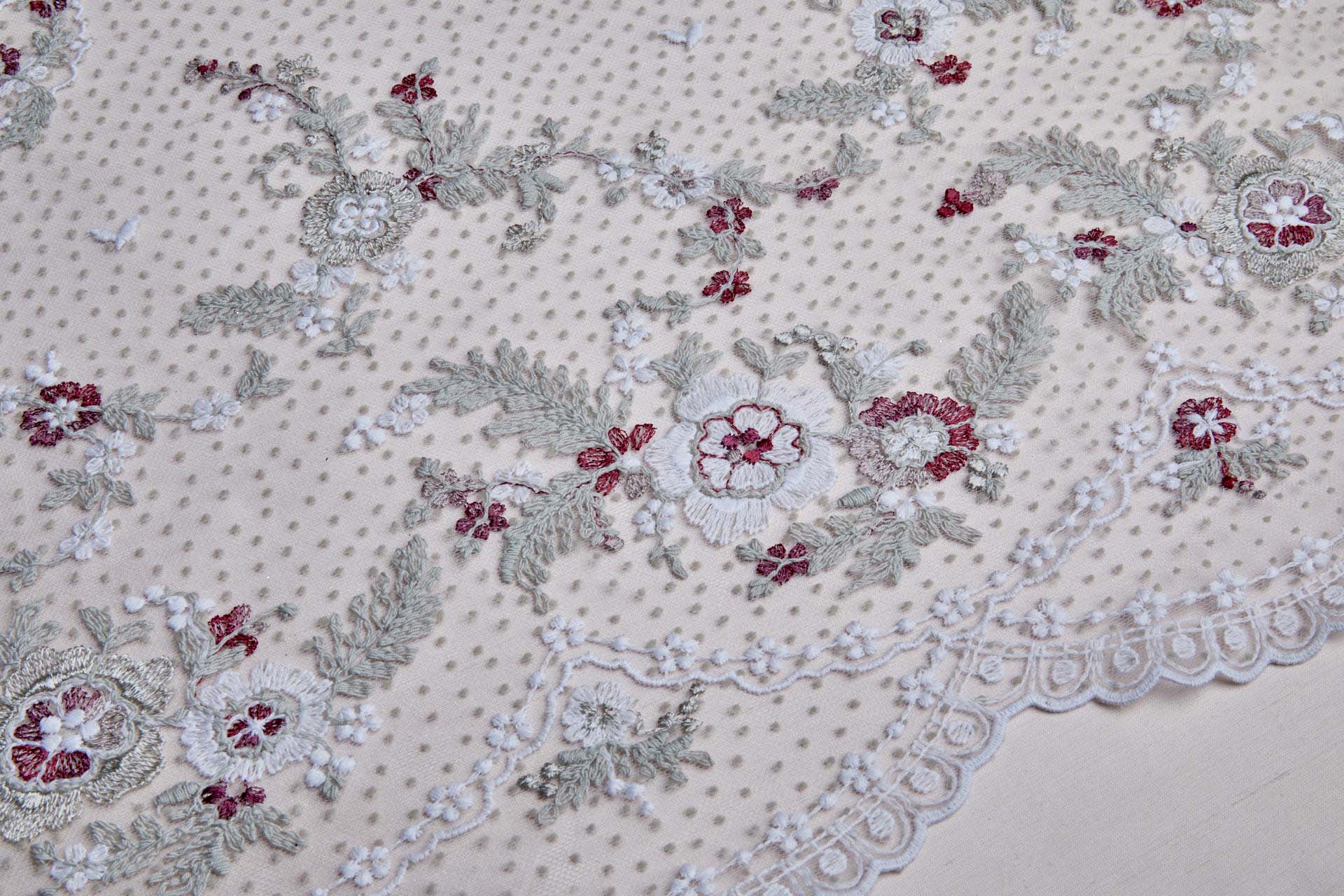 Small Embroidered Flowers on Grey Flock Spot Tulle - Ivory and Grey with Pink and Red fabric, image 4 of 8