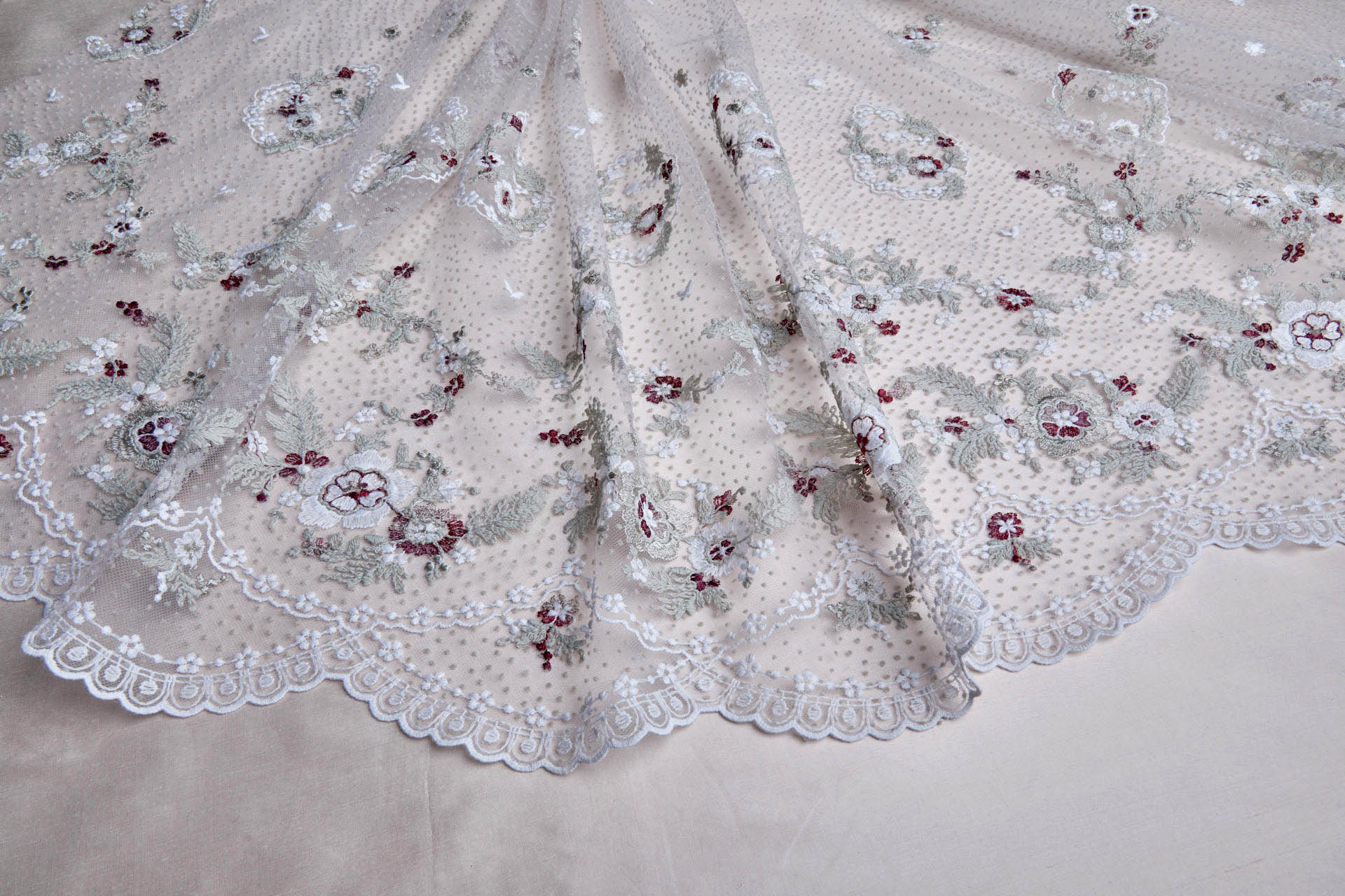 Small Embroidered Flowers on Grey Flock Spot Tulle - Ivory and Grey with Pink and Red fabric