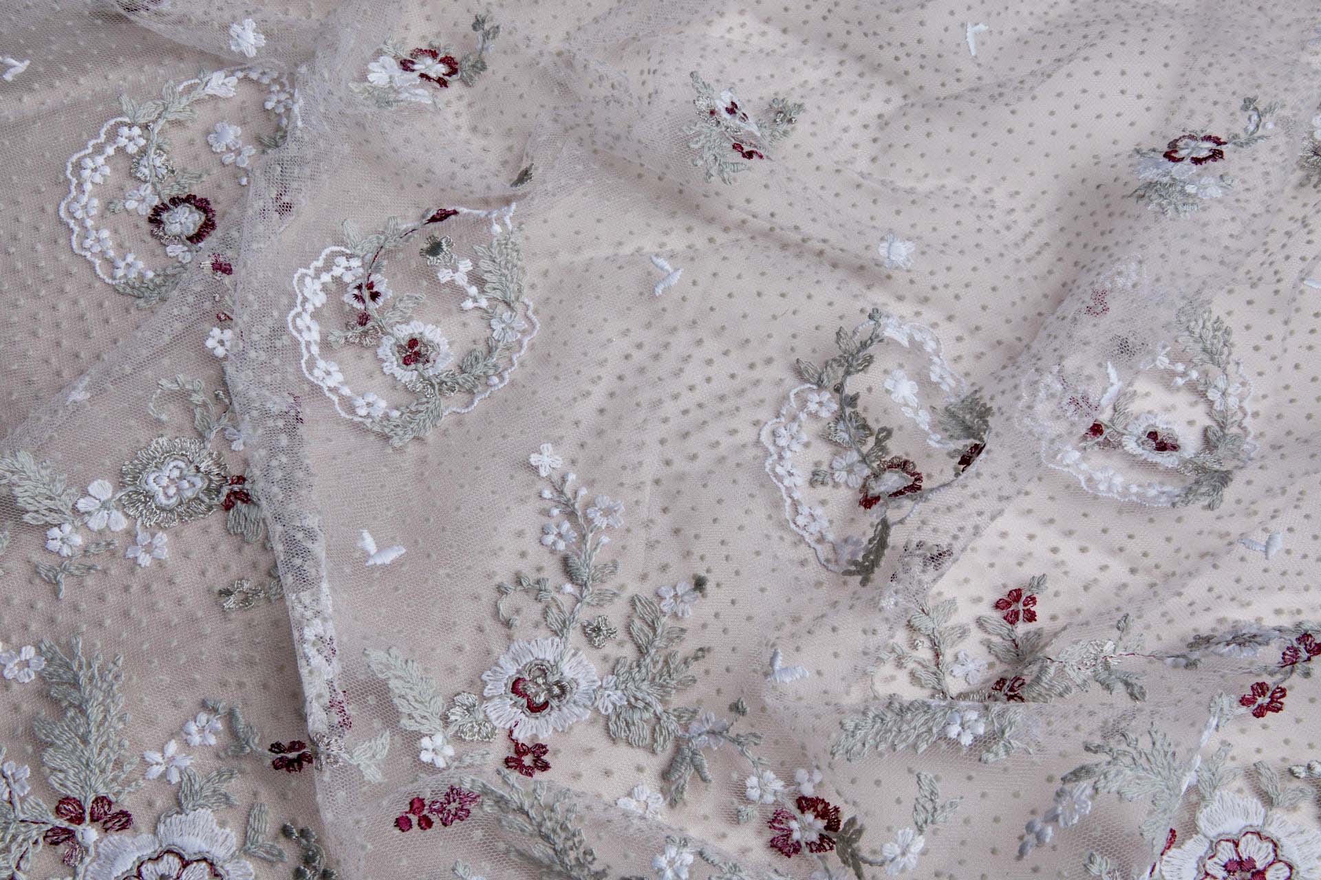 Small Embroidered Flowers on Grey Flock Spot Tulle - Ivory and Grey with Pink and Red fabric, image 5 of 8