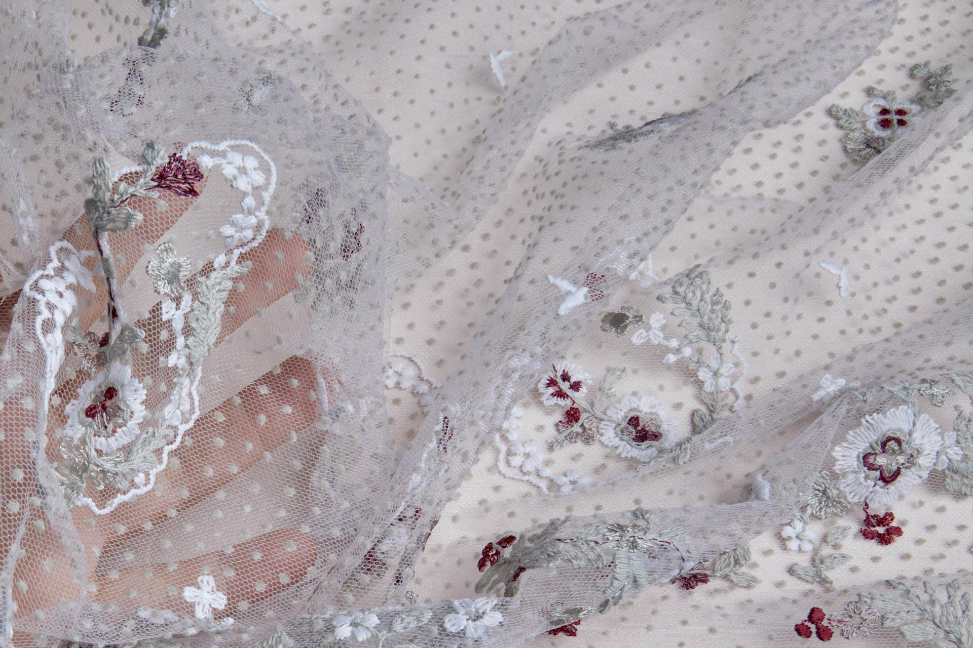 Small Embroidered Flowers on Grey Flock Spot Tulle - Ivory and Grey with Pink and Red fabric, image 6 of 8