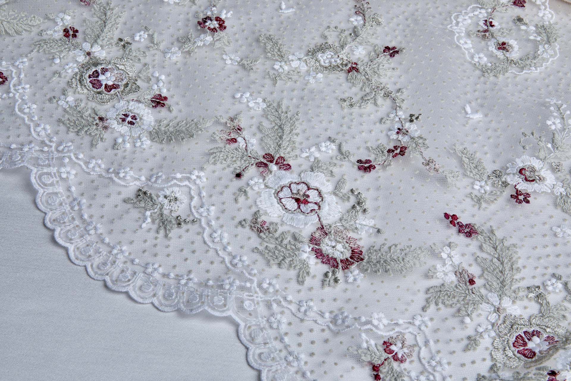 Small Embroidered Flowers on Grey Flock Spot Tulle - Ivory and Grey with Pink and Red fabric, image 7 of 8