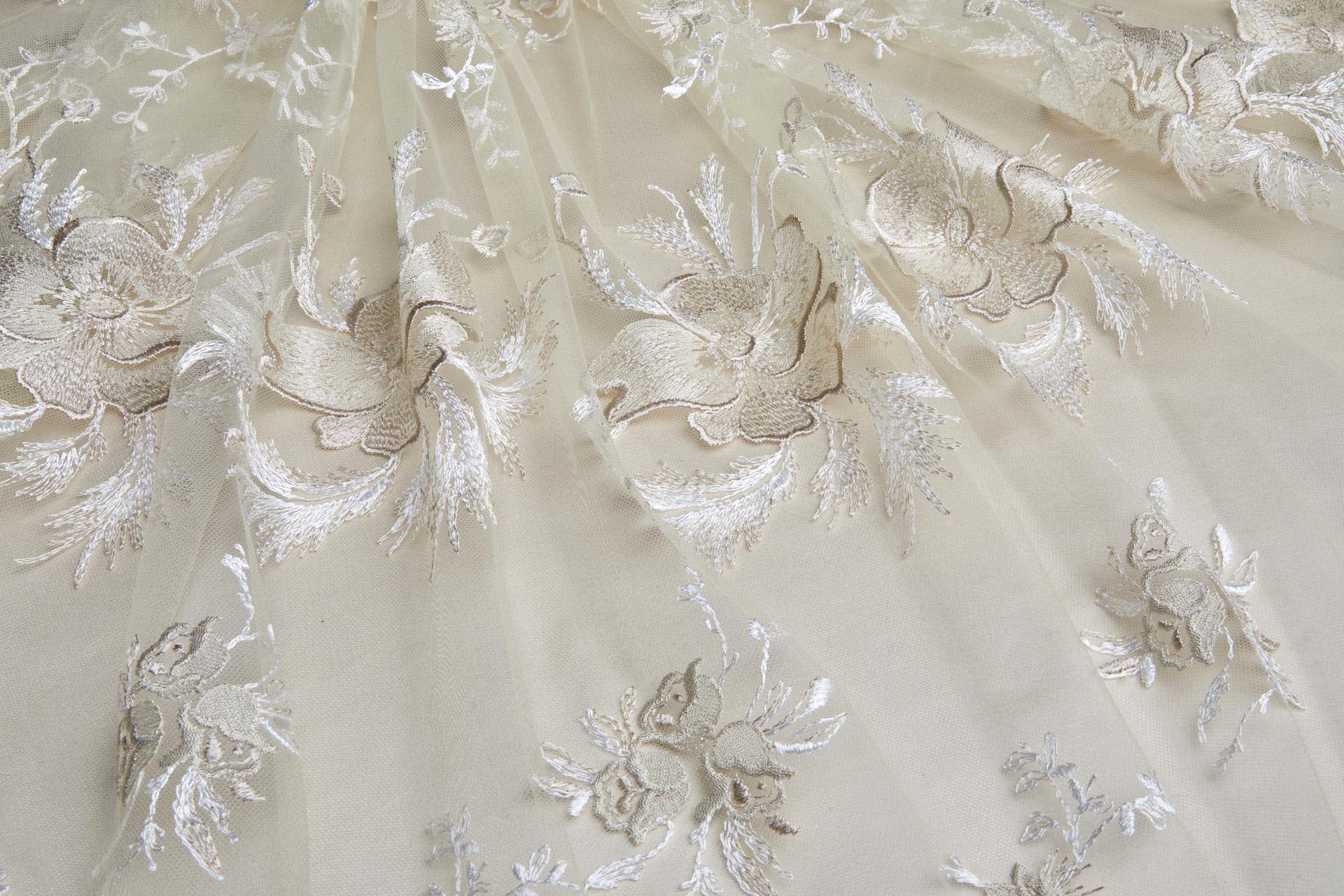 Delicate Large Flowers Embroidery - Oyster, Mink and Ivory on Tulle fabric