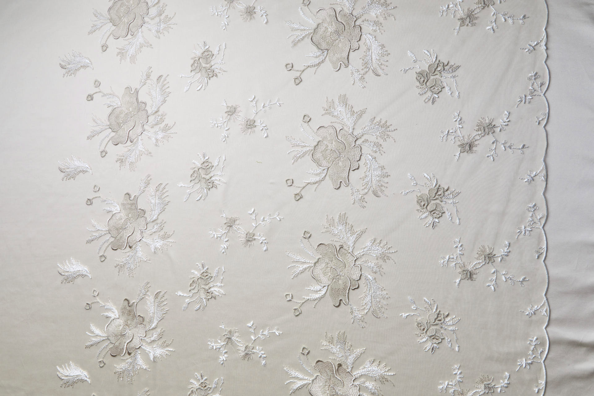 Delicate Large Flowers Embroidery - Oyster, Mink and Ivory on Tulle fabric, image 5 of 9