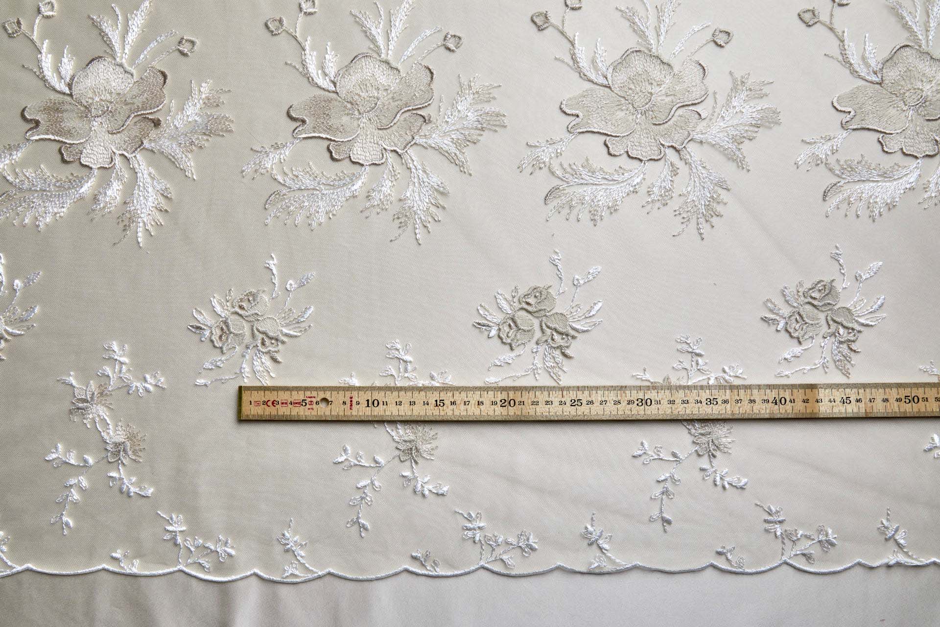 Delicate Large Flowers Embroidery - Oyster, Mink and Ivory on Tulle fabric, image 6 of 9