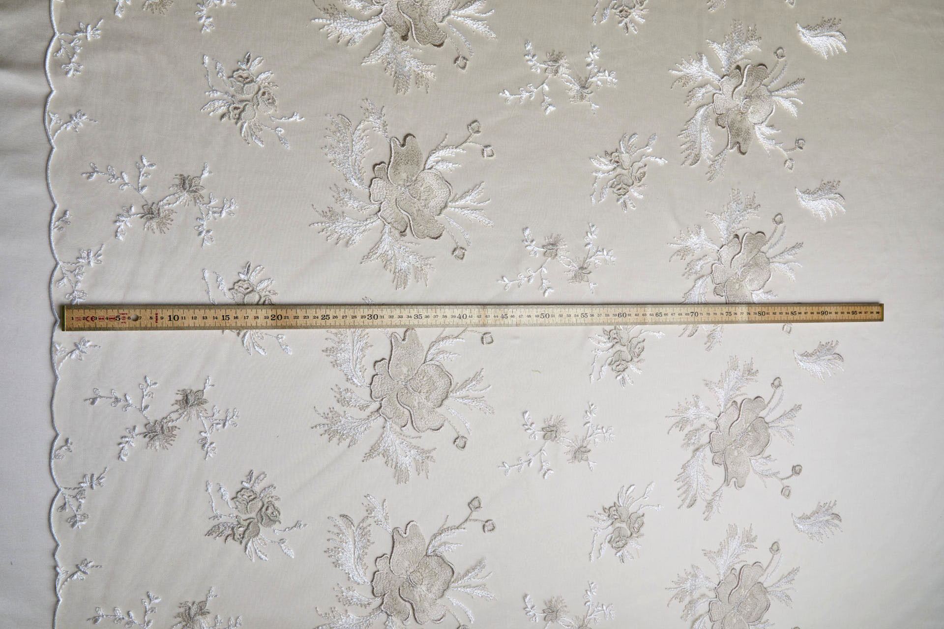 Delicate Large Flowers Embroidery - Oyster, Mink and Ivory on Tulle fabric, image 8 of 9