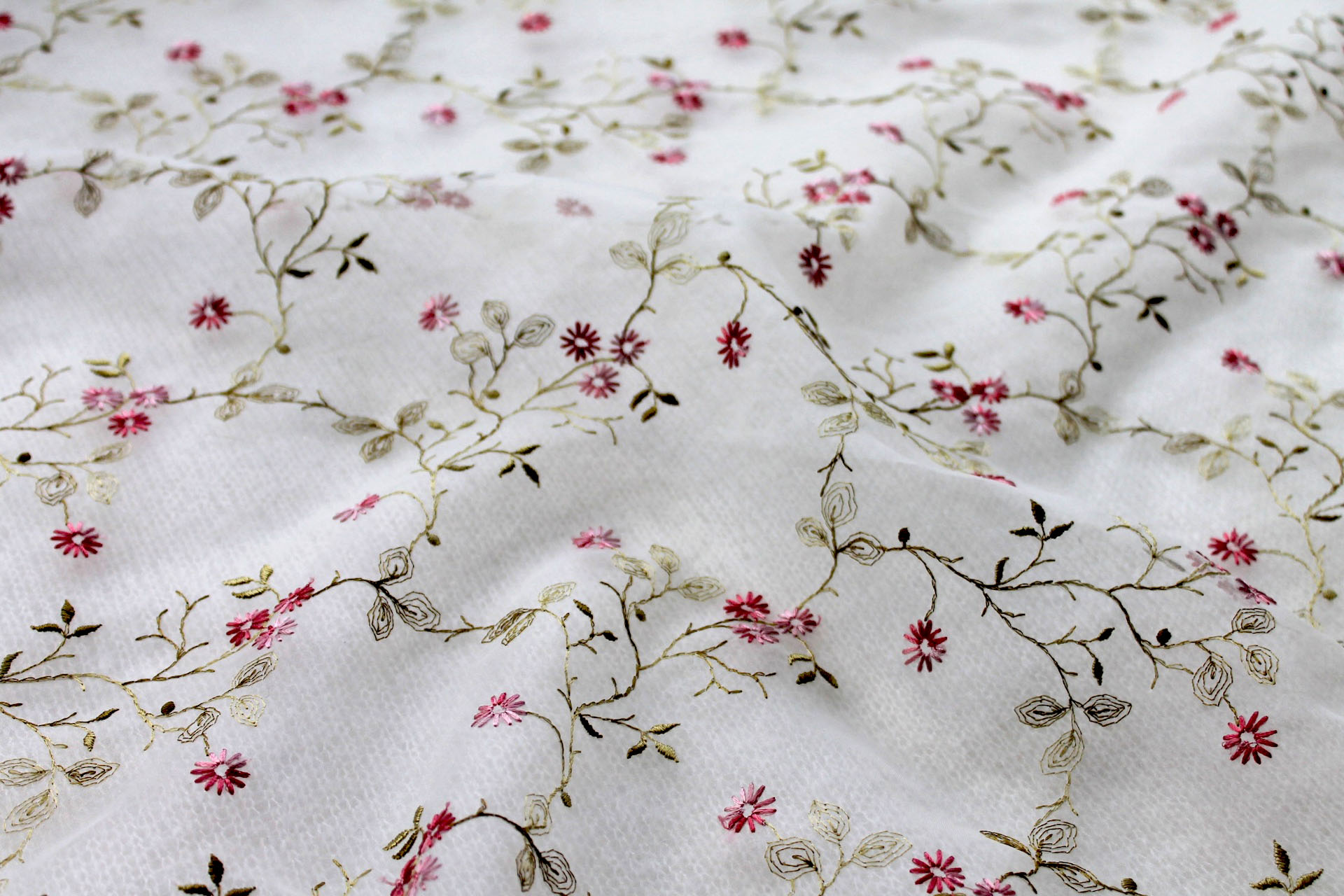 Dainty Pink Floral Embroidery on Ivory Organza fabric, image 2 of 6