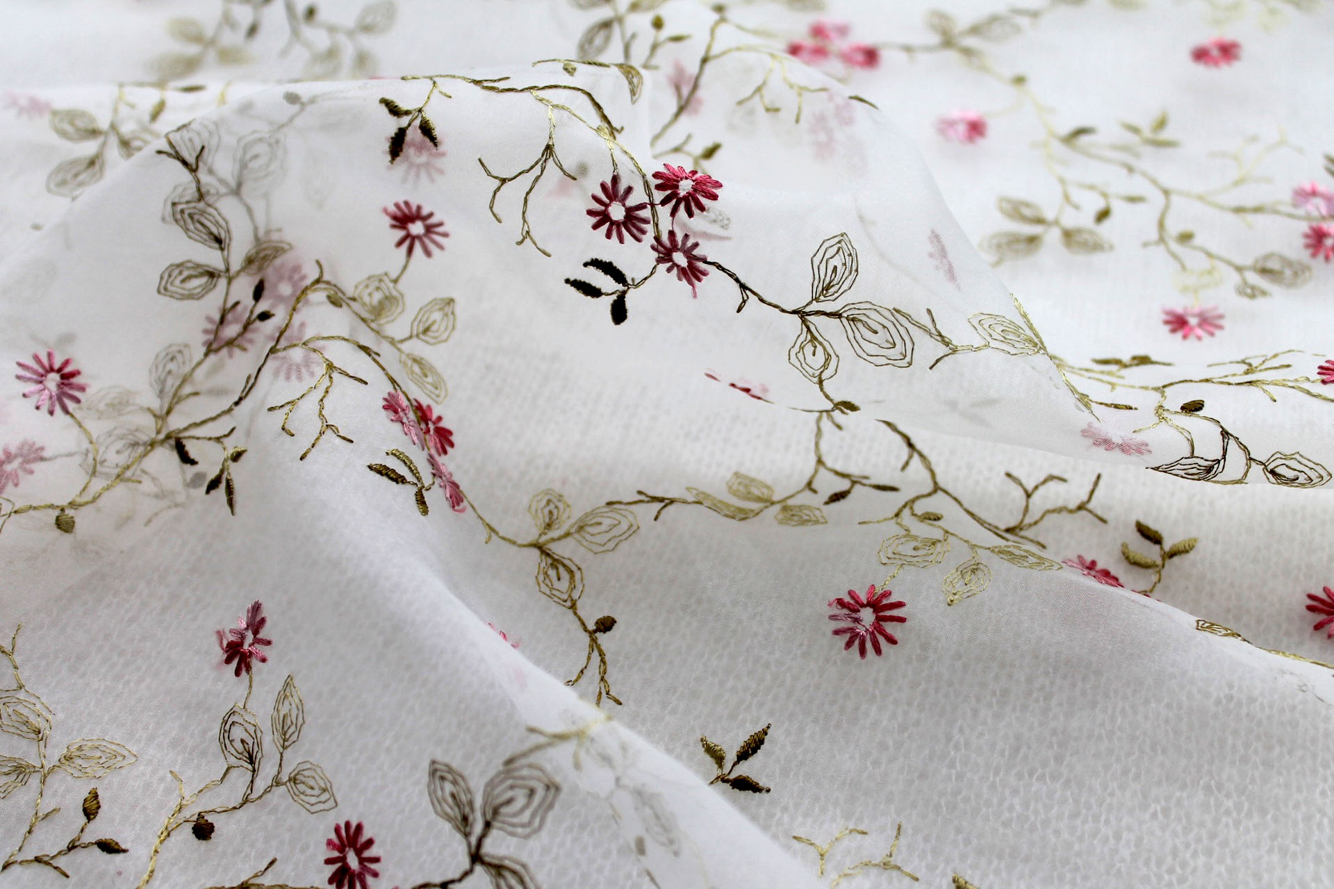 Dainty Pink Floral Embroidery on Ivory Organza fabric, image 3 of 6