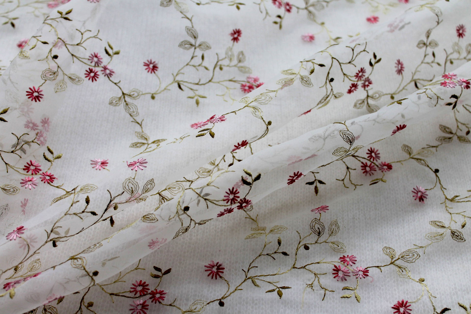 Dainty Pink Floral Embroidery on Ivory Organza fabric, image 4 of 6