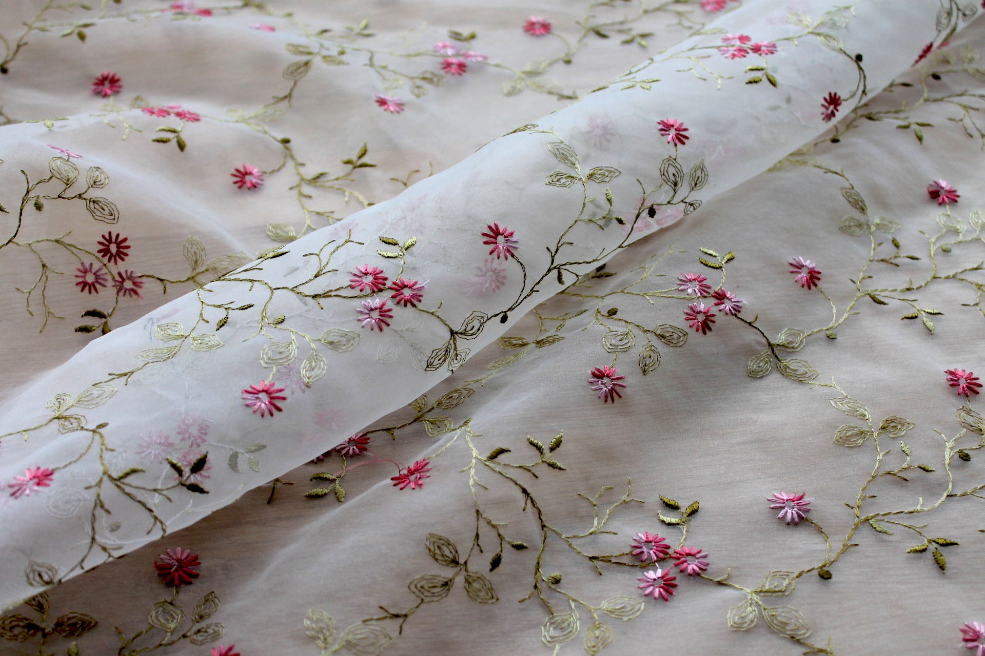 Dainty Pink Floral Embroidery on Ivory Organza fabric, image 5 of 6