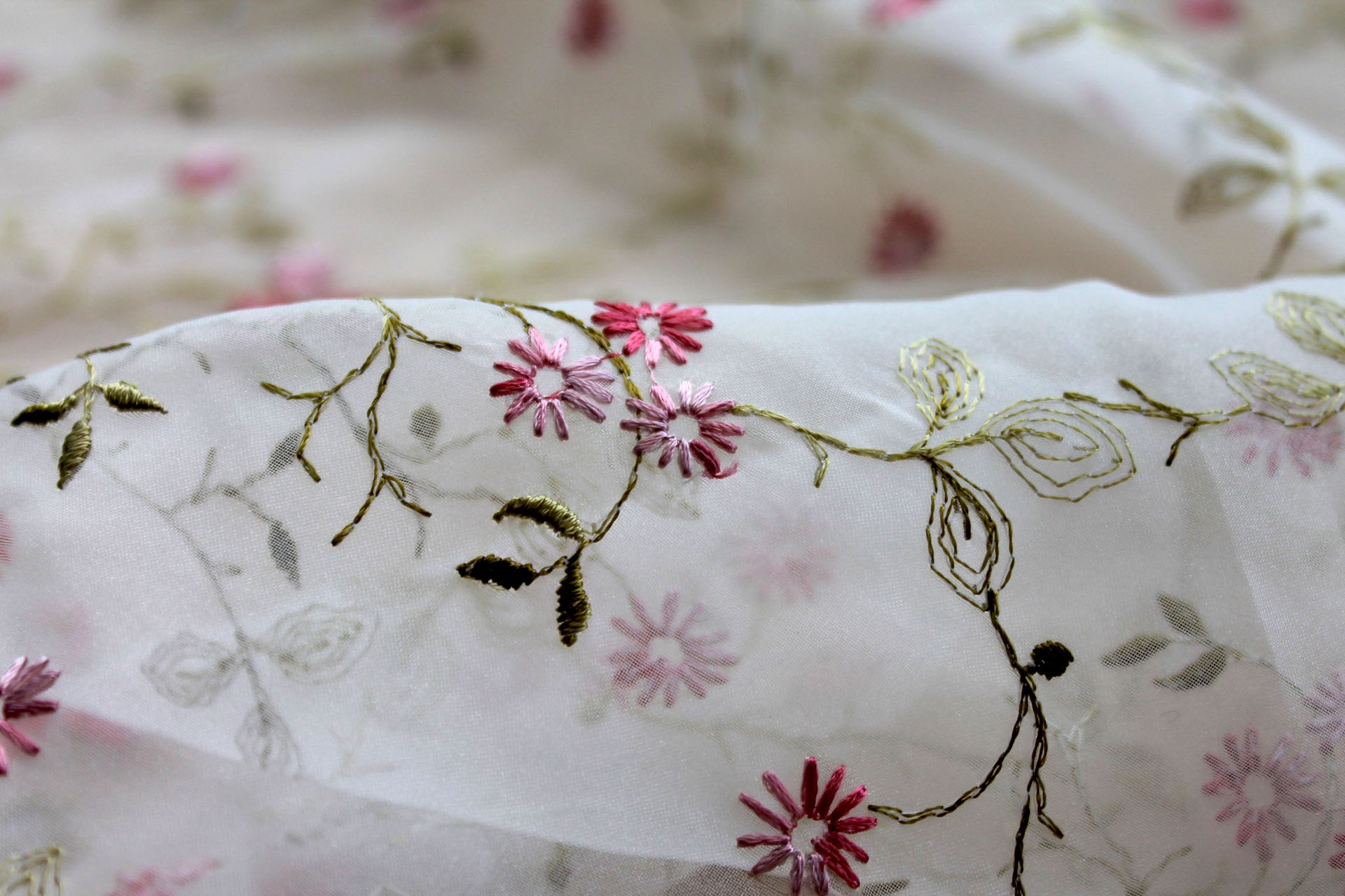 Dainty Pink Floral Embroidery on Ivory Organza fabric, image 6 of 6