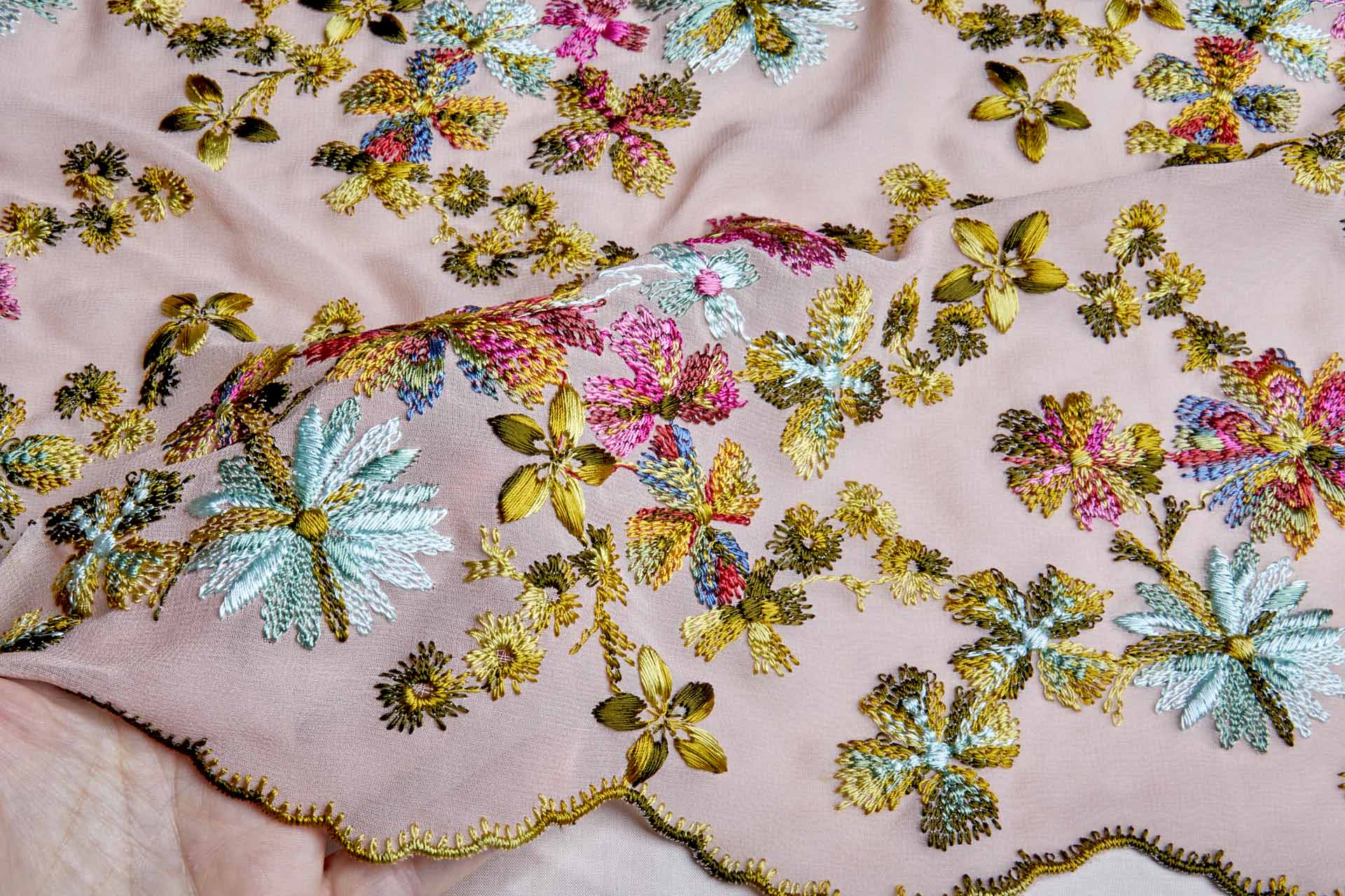 Floral Embroidery on Pale Pink Georgette fabric, image 2 of 9