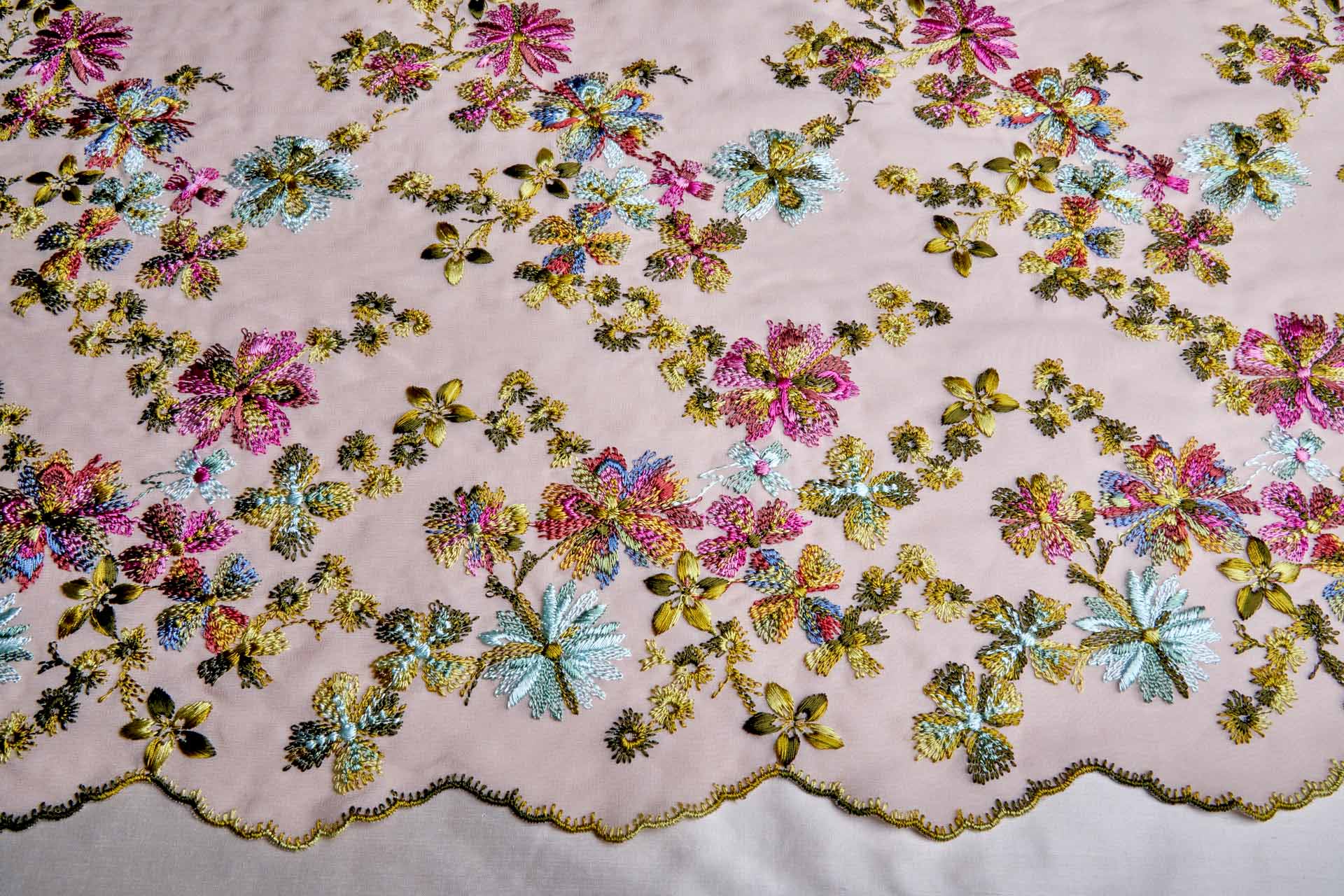 Floral Embroidery on Pale Pink Georgette fabric, image 3 of 9