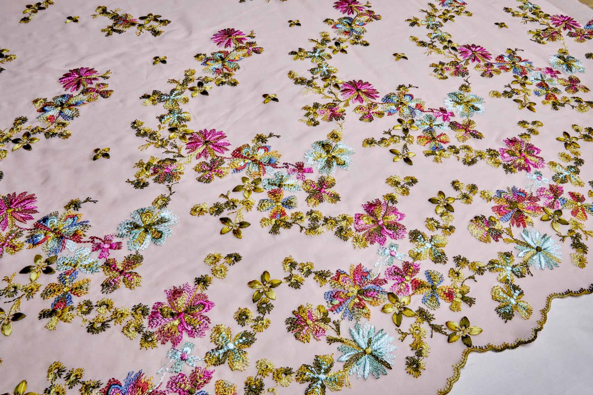 Floral Embroidery on Pale Pink Georgette fabric, image 4 of 9