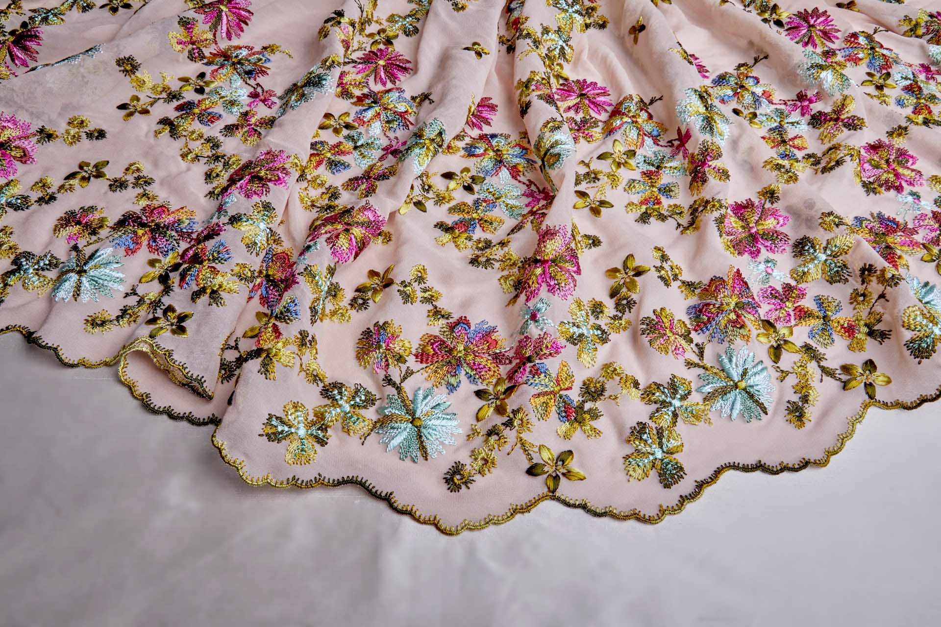Floral Embroidery on Pale Pink Georgette fabric, image 5 of 9
