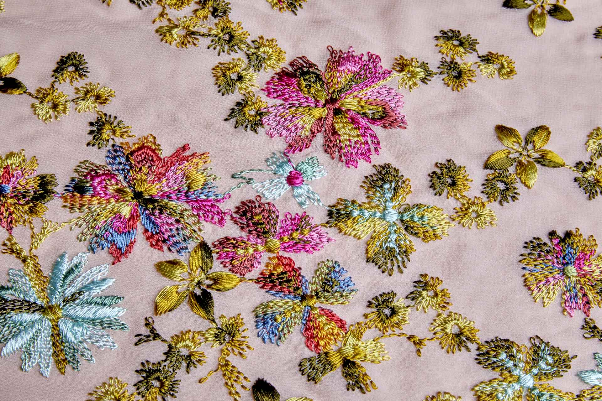 Floral Embroidery on Pale Pink Georgette fabric, image 6 of 9