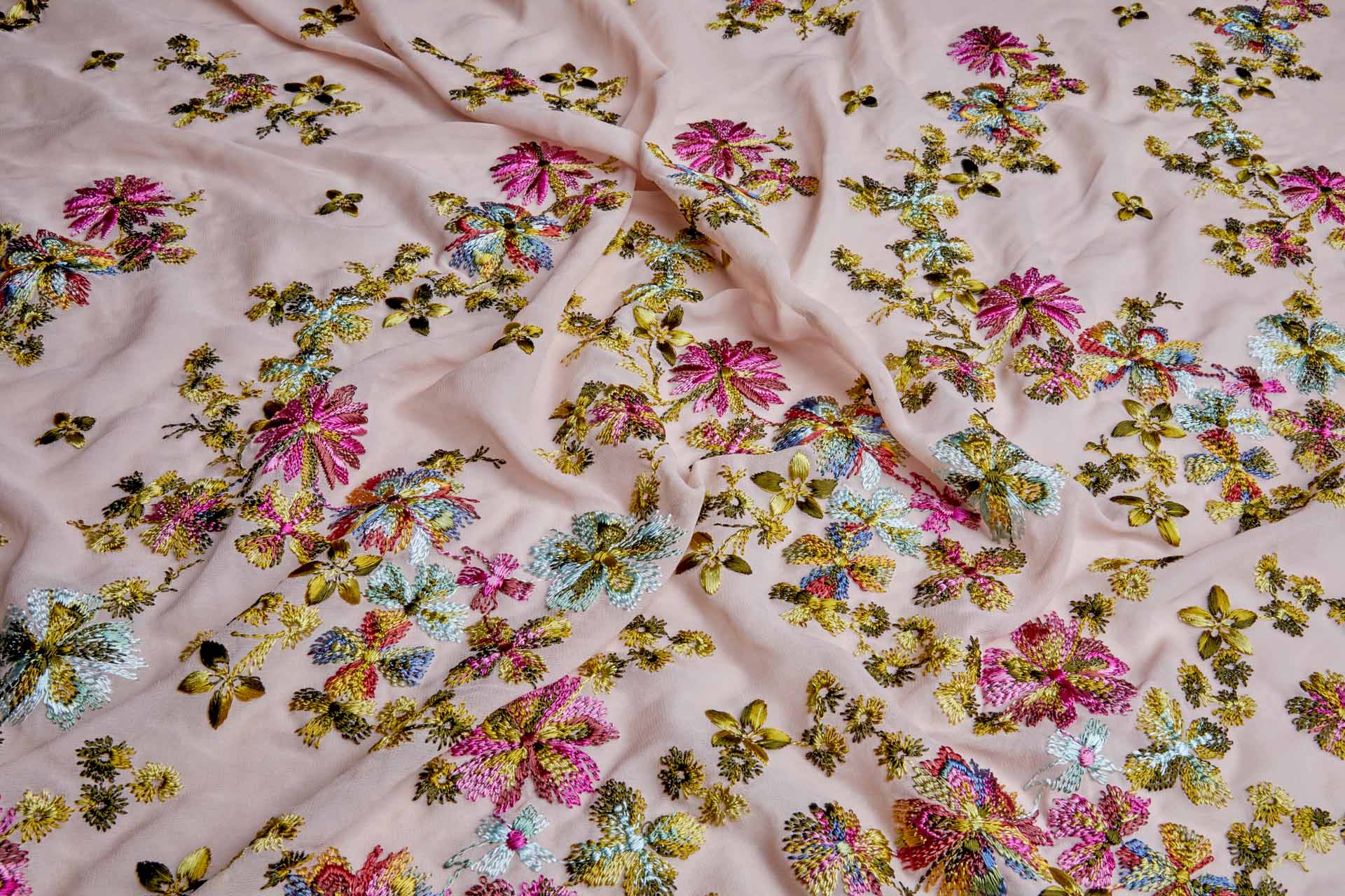 Floral Embroidery on Pale Pink Georgette fabric, image 7 of 9