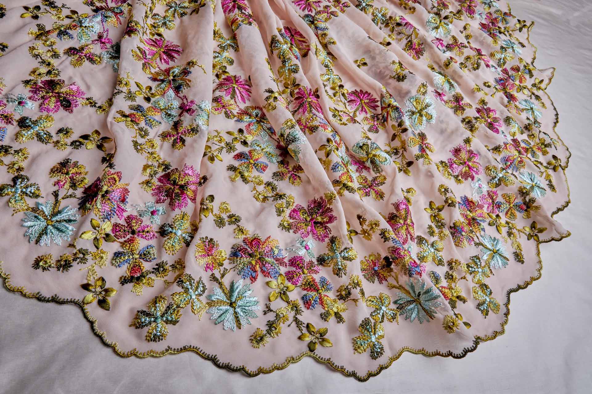 Floral Embroidery on Pale Pink Georgette fabric