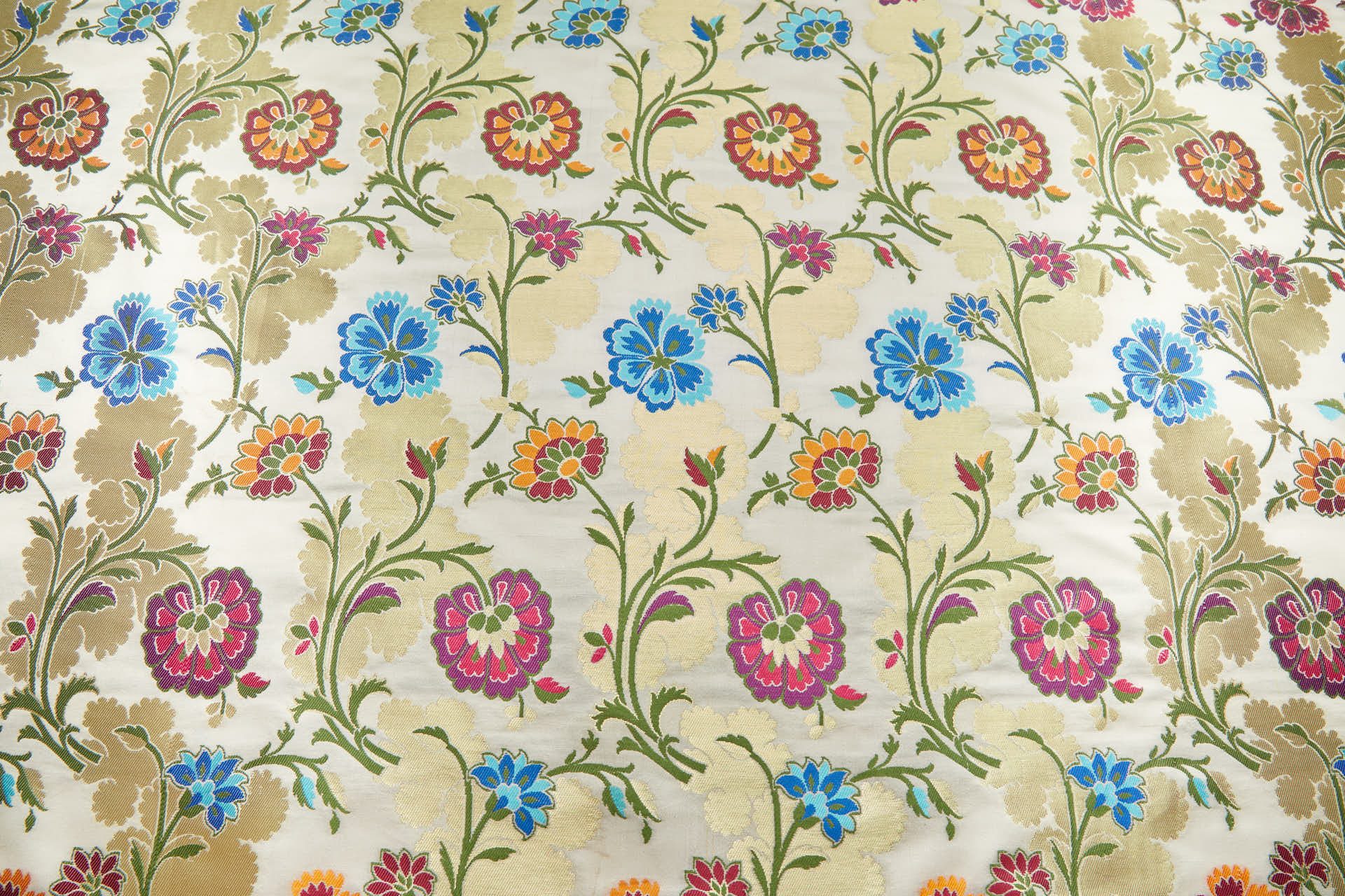 Heavy Banaras Brocade - Blues, Reds, Pinks and Gold on Ivory fabric, image 8 of 8