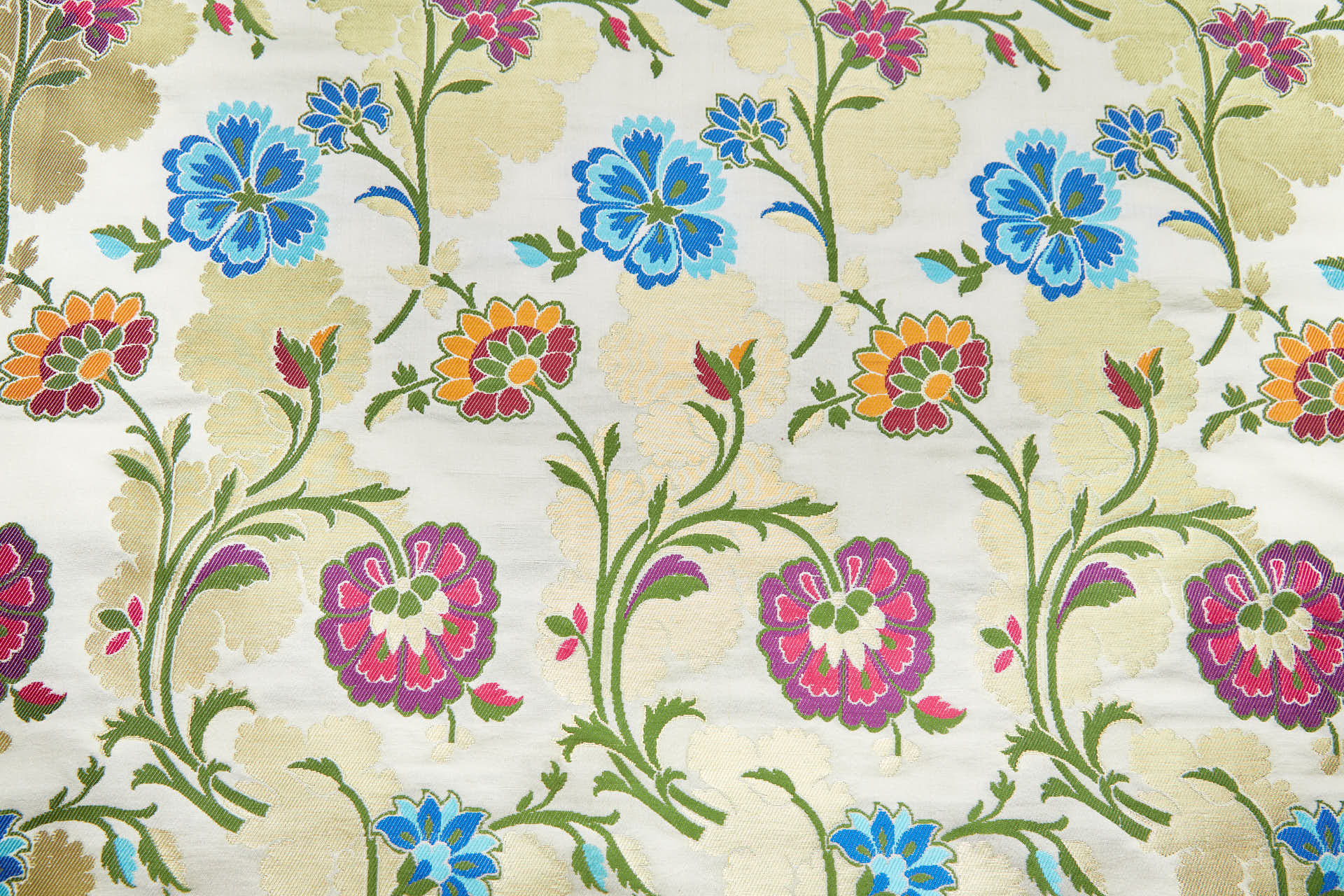 Heavy Banaras Brocade - Blues, Reds, Pinks and Gold on Ivory fabric, image 3 of 8
