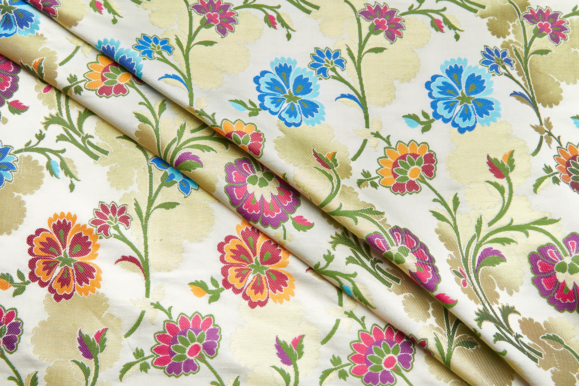 Heavy Banaras Brocade - Blues, Reds, Pinks and Gold on Ivory fabric, image 5 of 8