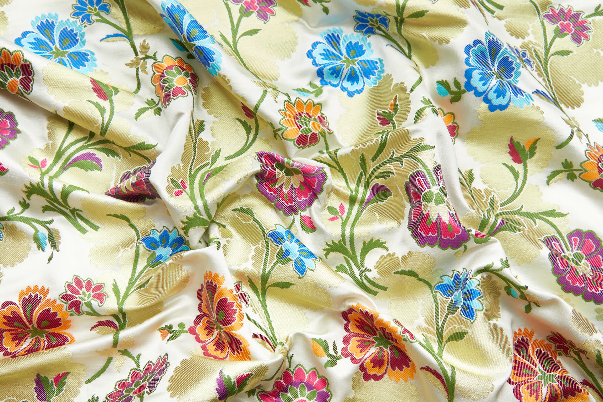 Heavy Banaras Brocade - Blues, Reds, Pinks and Gold on Ivory fabric, image 6 of 8