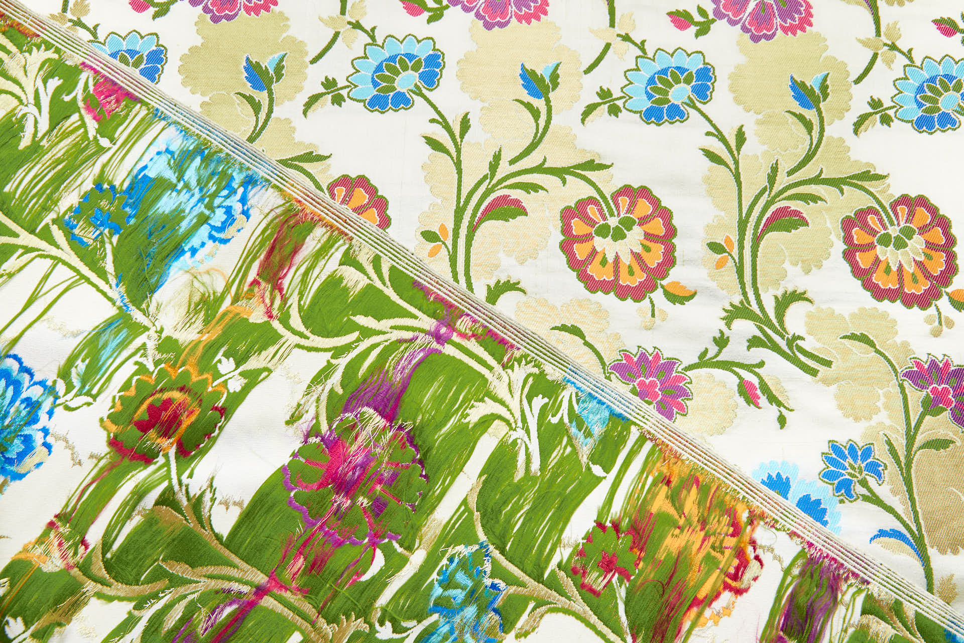 Heavy Banaras Brocade - Blues, Reds, Pinks and Gold on Ivory fabric, image 7 of 8