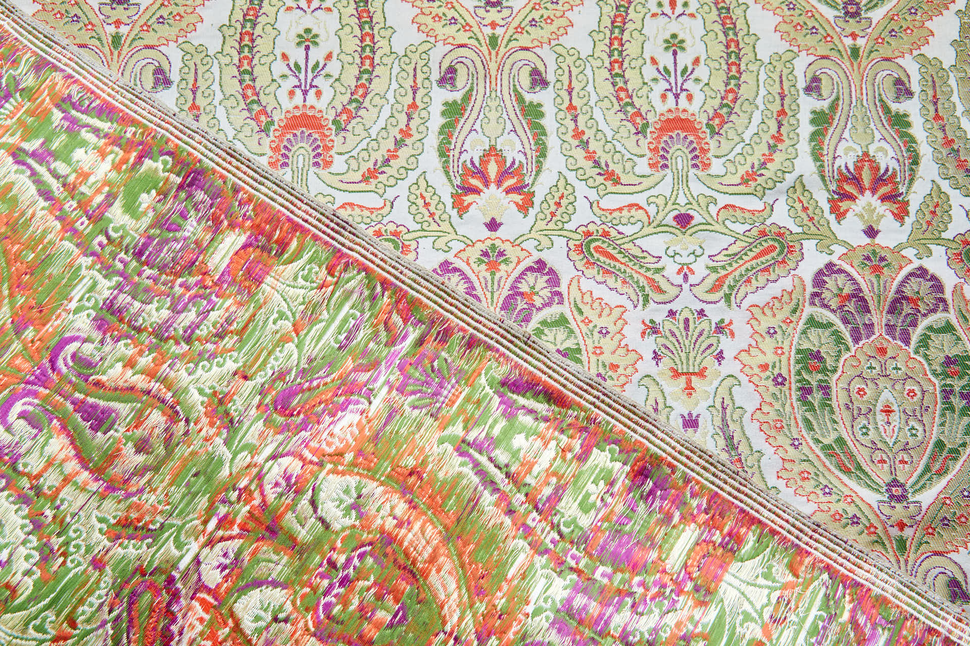 Heavy Banaras Brocade - Orange, Green, Magenta & Gold on Ivory fabric, image 5 of 8