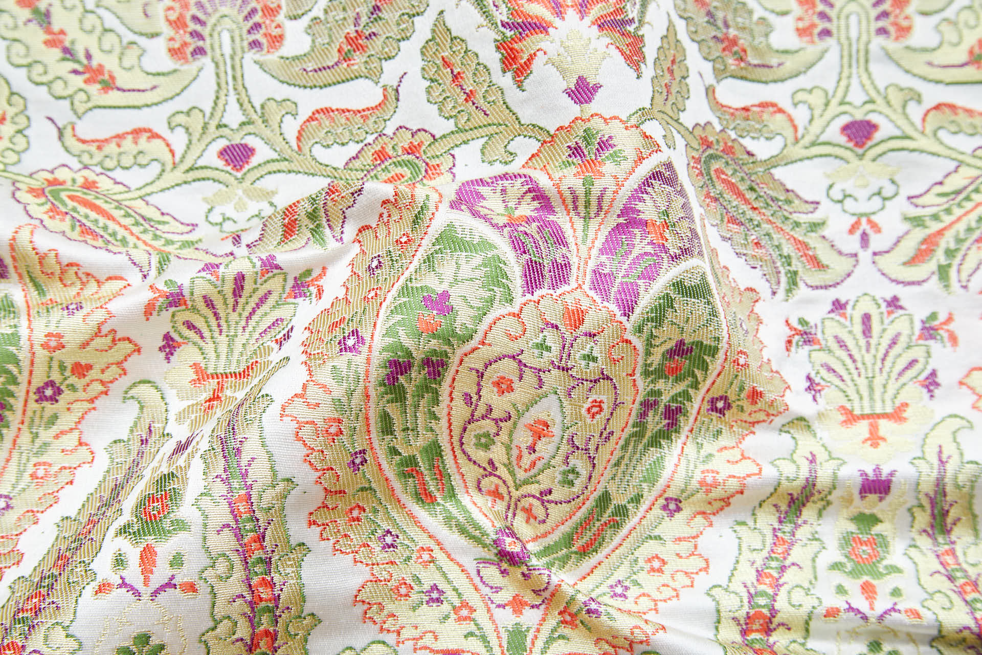Heavy Banaras Brocade - Orange, Green, Magenta & Gold on Ivory fabric, image 2 of 8