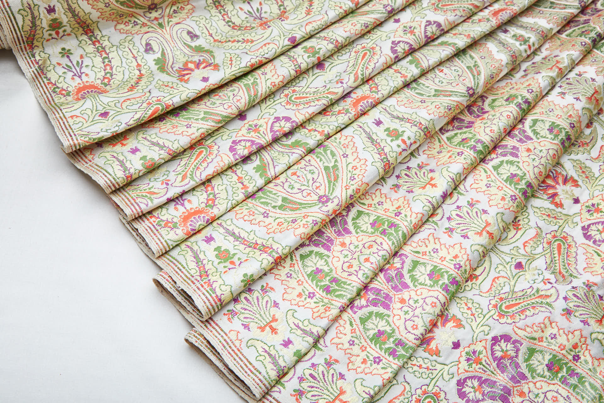 Heavy Banaras Brocade - Orange, Green, Magenta & Gold on Ivory fabric, image 6 of 8