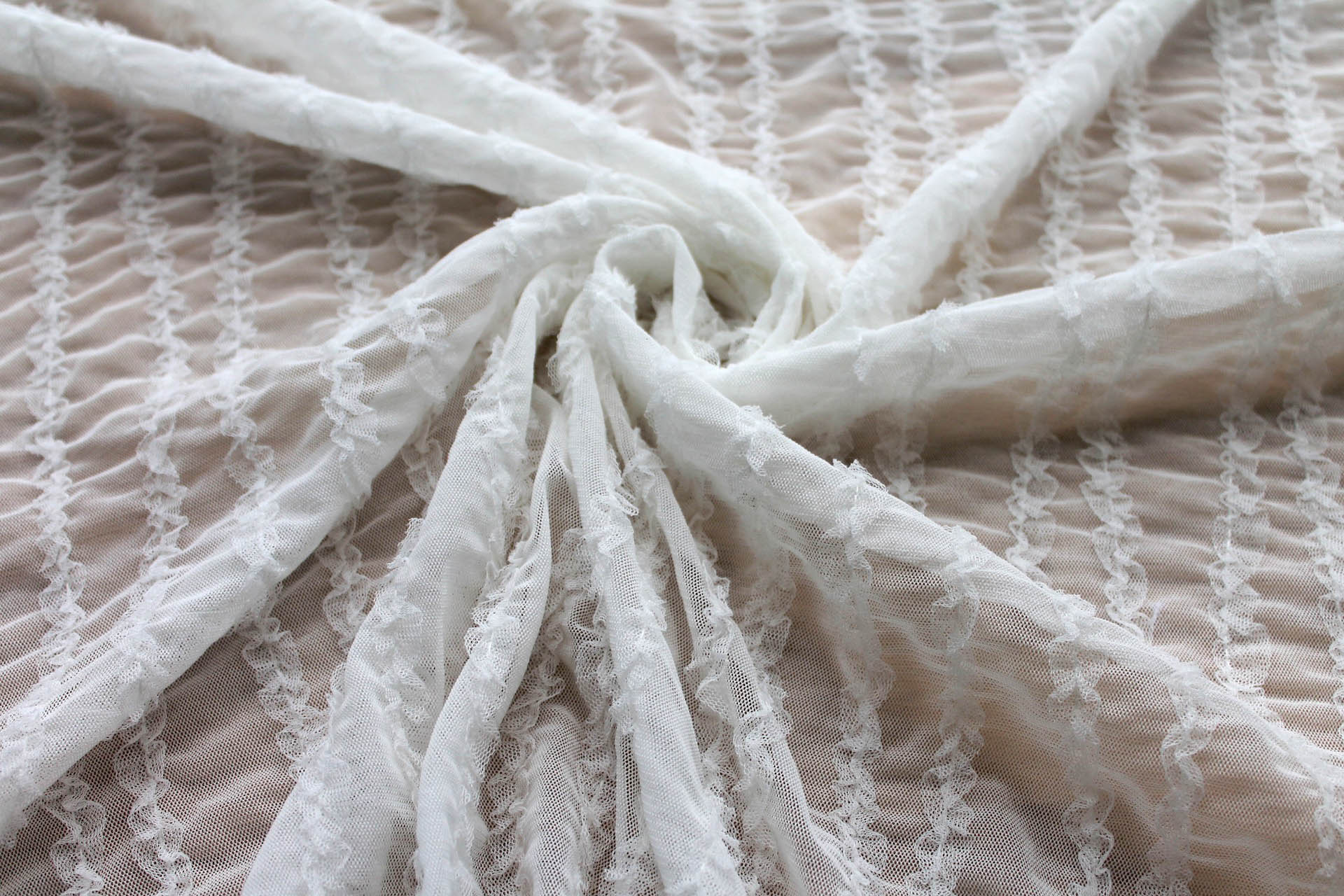 Mini Ruffle Stripes on Stretch Tulle in Ivory fabric