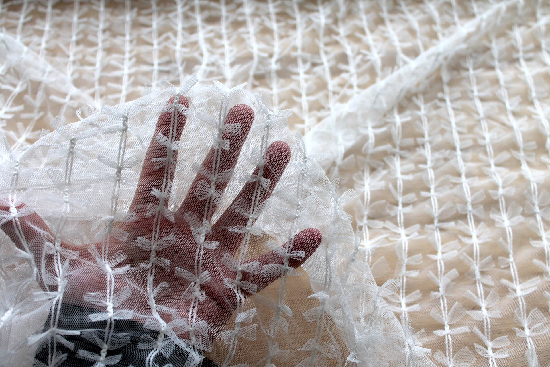Mini Ribbon Bows on Tulle in Ivory fabric, image 3 of 9