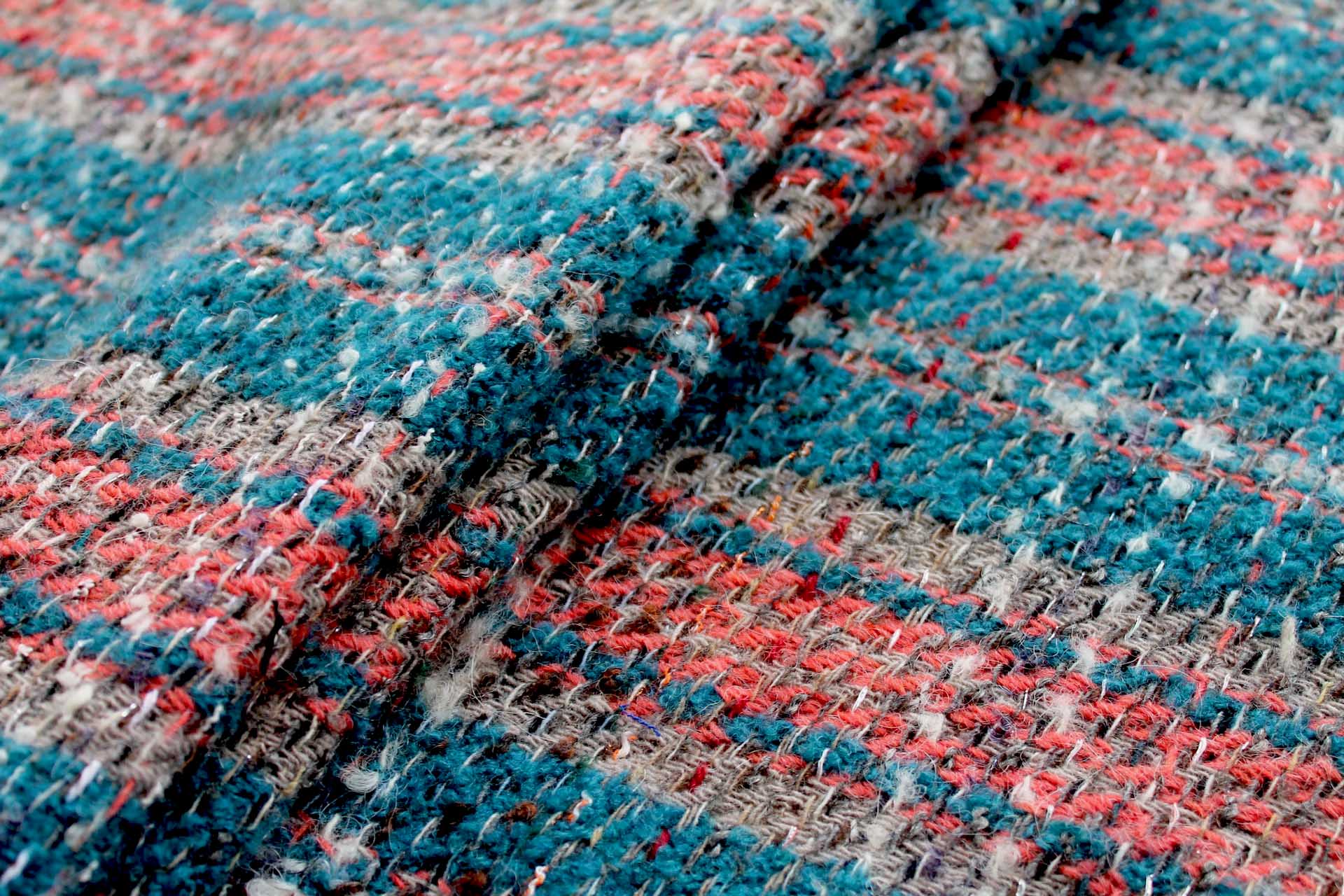 Chunky Wool Check - Teal, Coral and Grey fabric