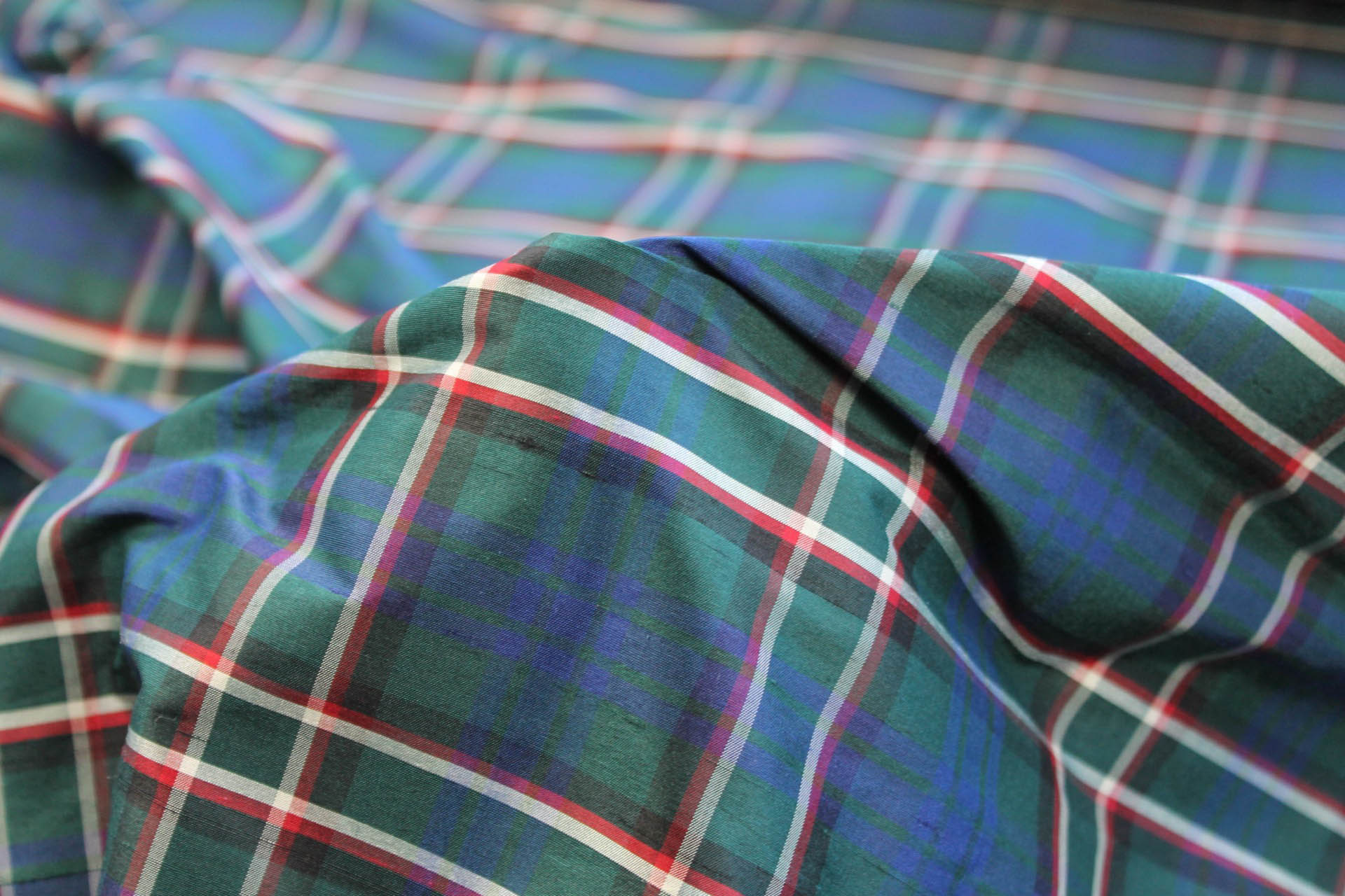 Tartan Check Silk Taffeta - Green, Blue, White and Red fabric, image 6 of 7