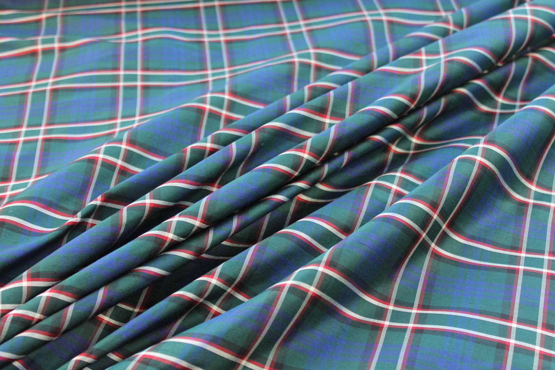 Tartan Check Silk Taffeta - Green, Blue, White and Red fabric, image 7 of 7