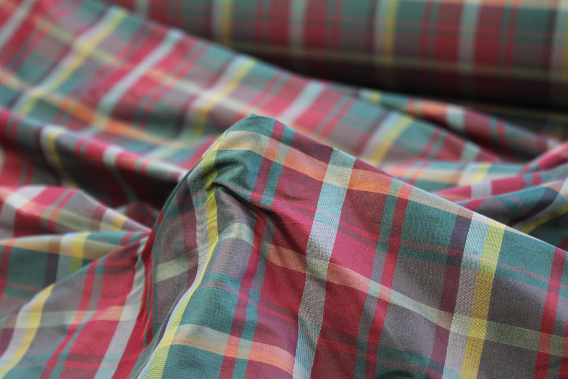 Tartan Check Silk Taffeta - Red, Khaki, Yellow and Green fabric, image 2 of 6
