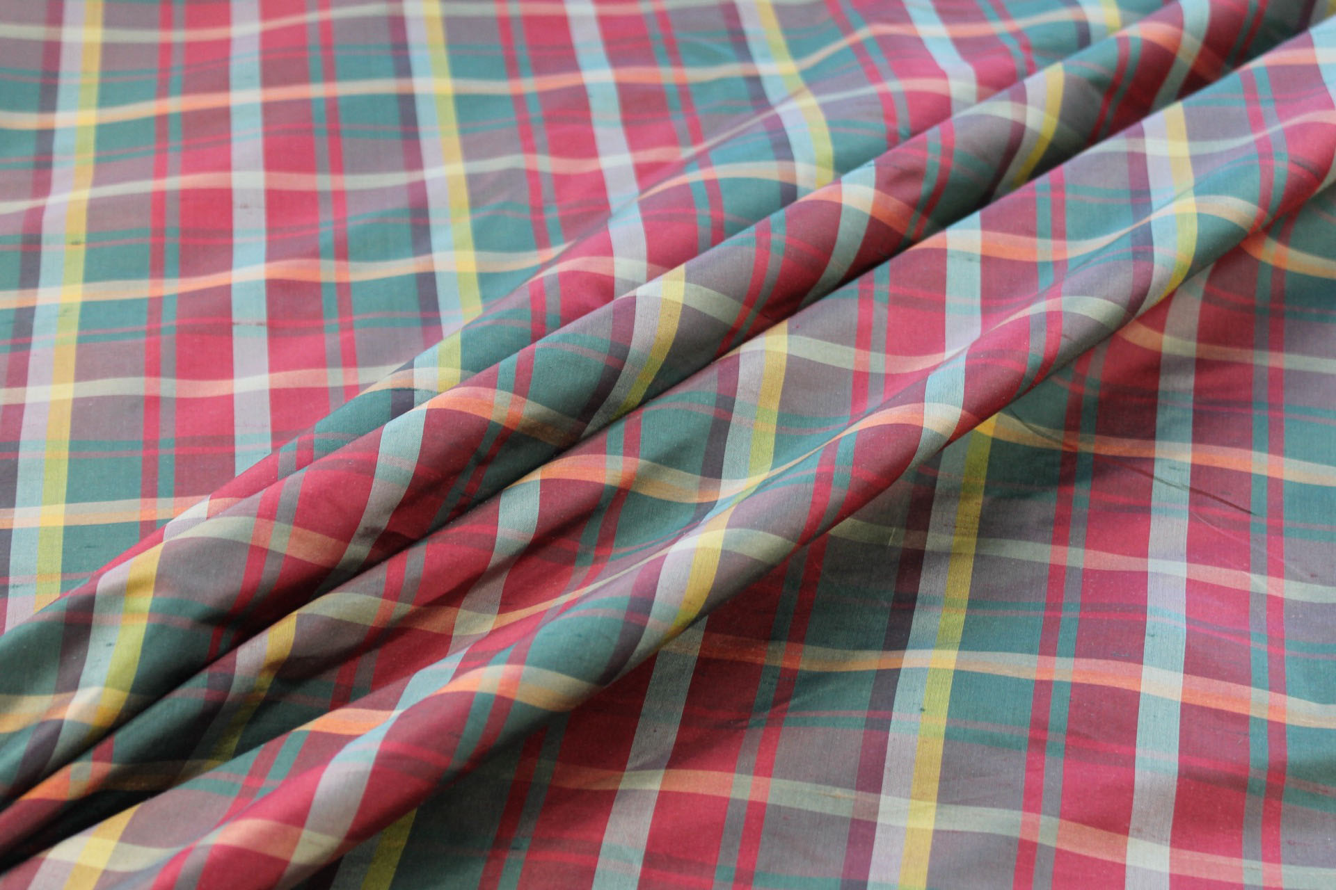 Tartan Check Silk Taffeta - Red, Khaki, Yellow and Green fabric, image 3 of 6