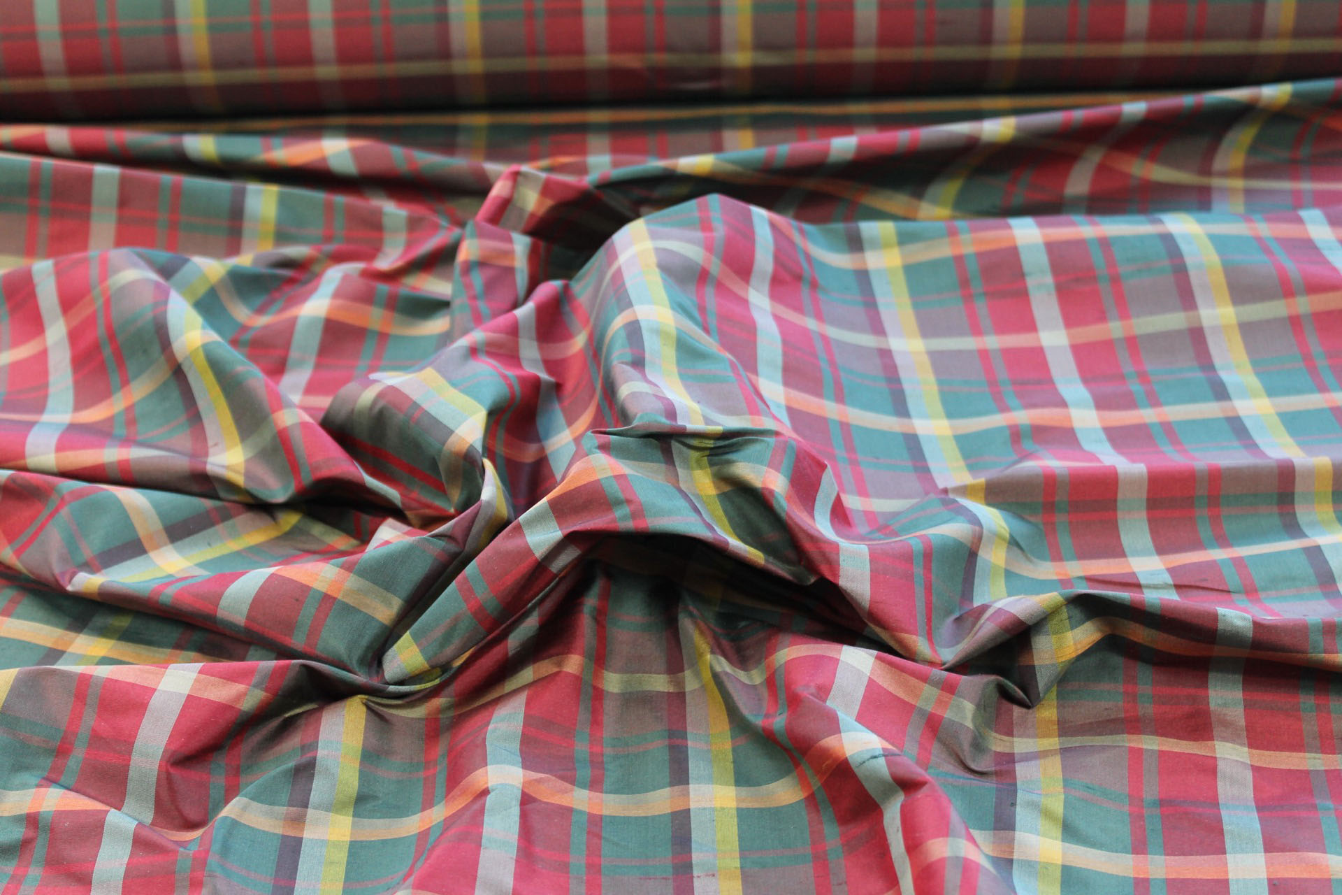 Tartan Check Silk Taffeta - Red, Khaki, Yellow and Green fabric, image 6 of 6