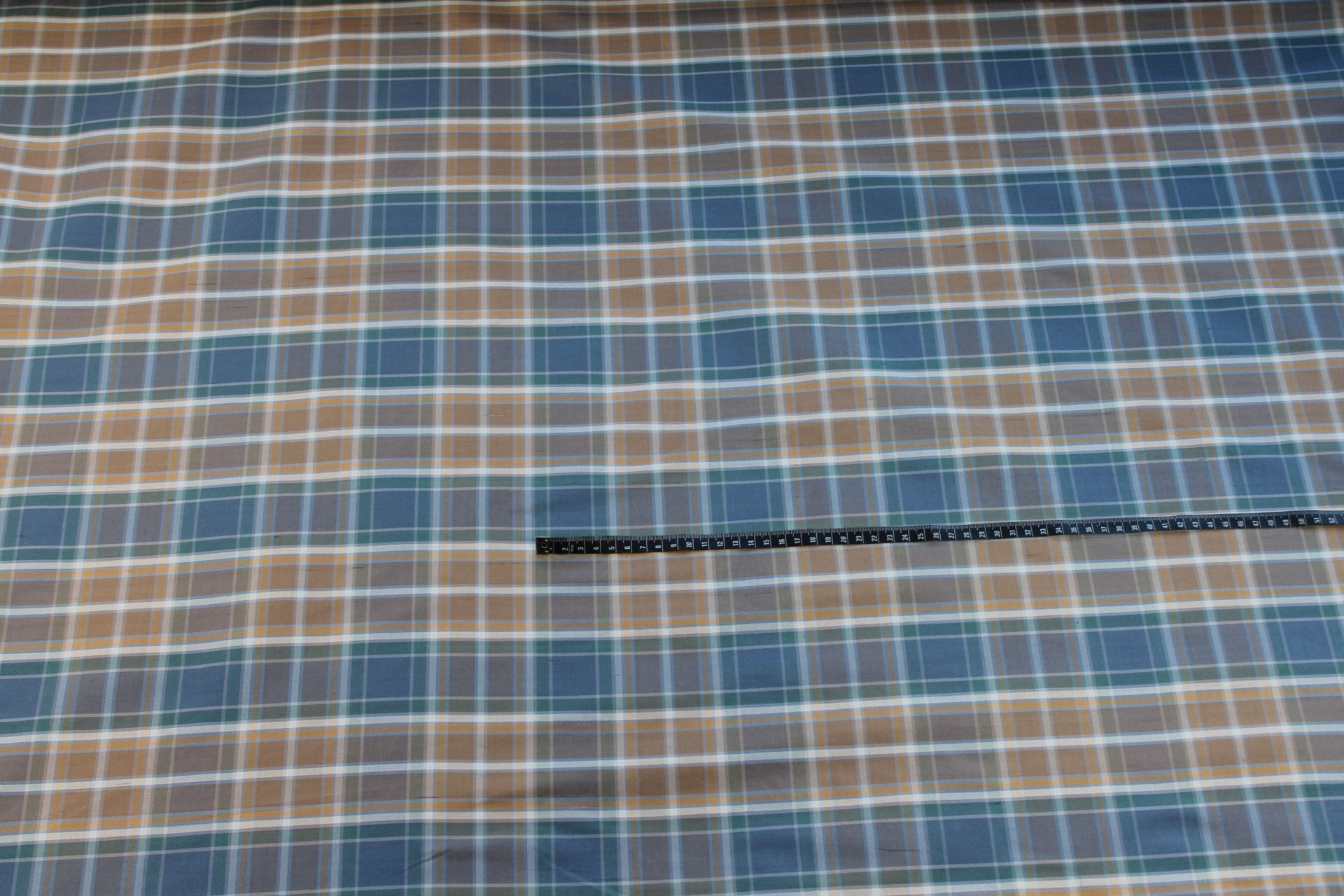 Tartan Check Silk Taffeta - Caramel, Brown and Dusty Blue fabric, image 2 of 6