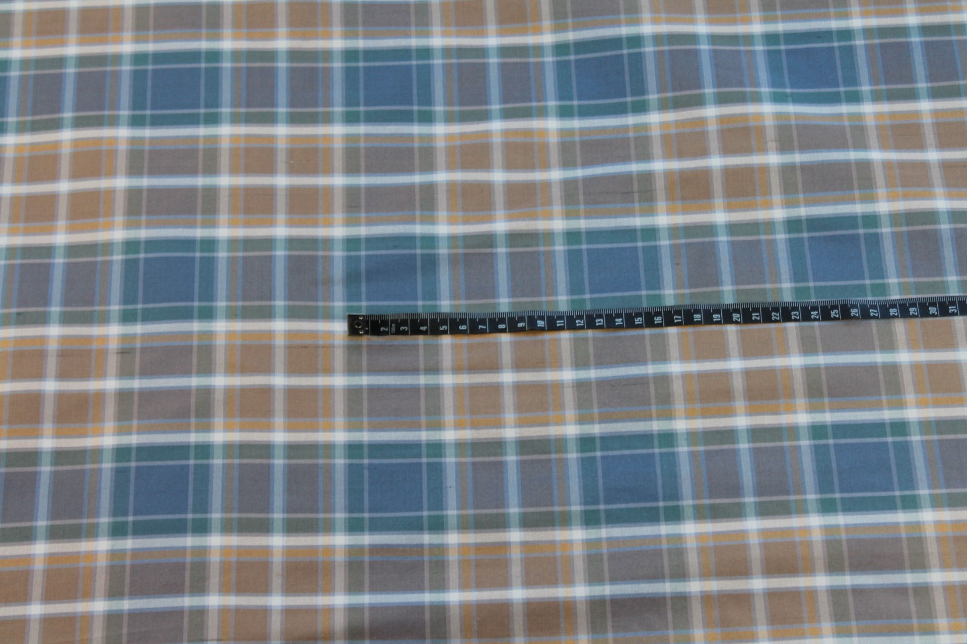 Tartan Check Silk Taffeta - Caramel, Brown and Dusty Blue fabric, image 3 of 6